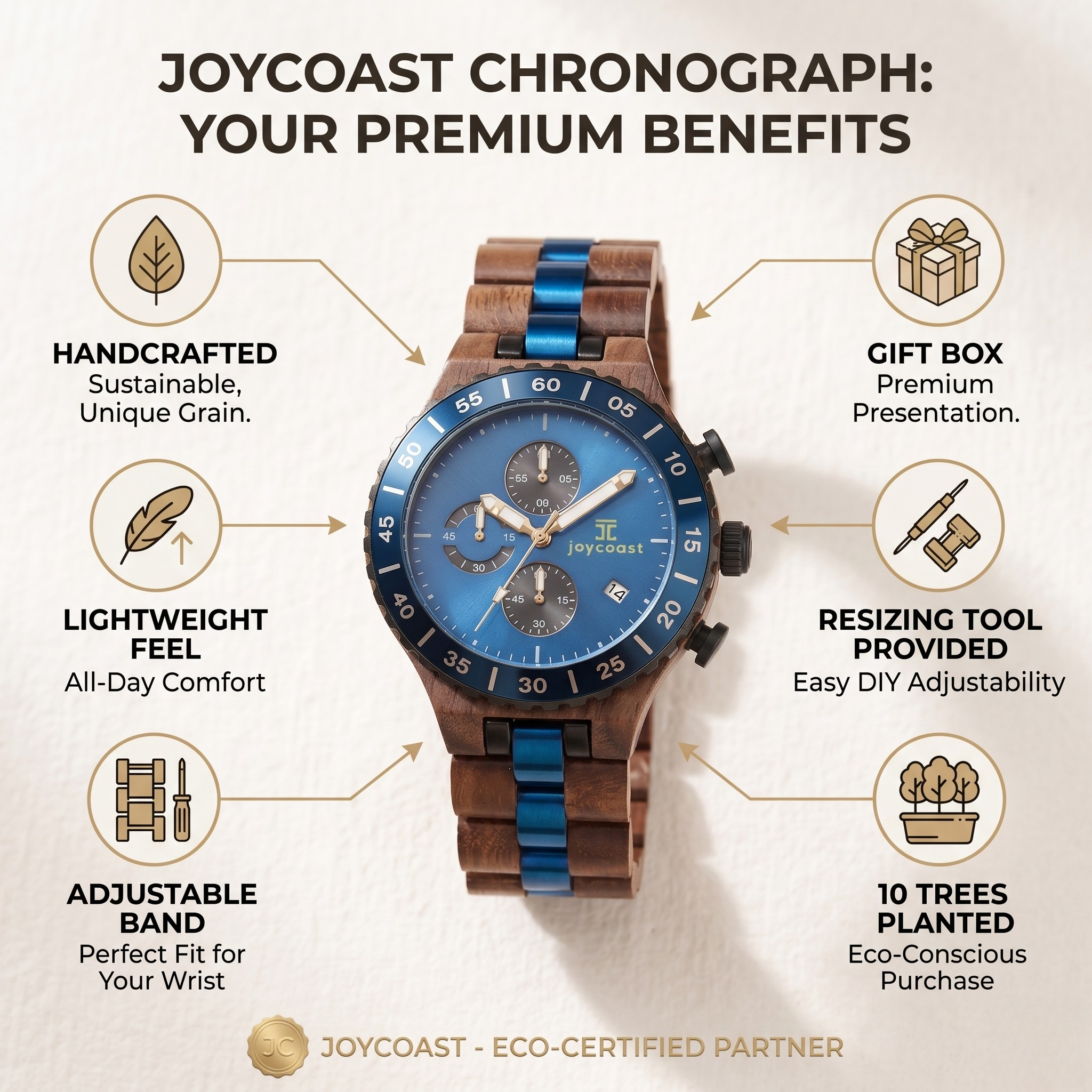 Zebrawood chronograph watch with blue dial and brown strap