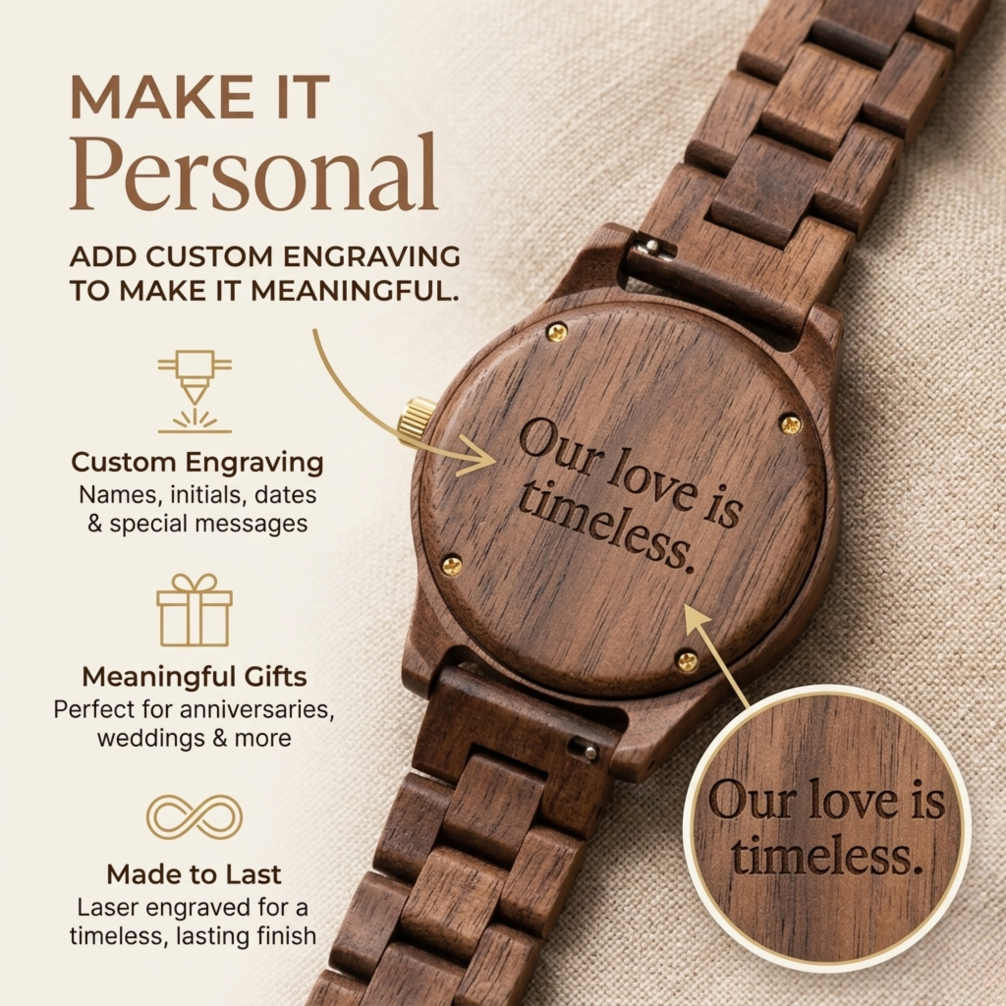 Wooden wristwatch with blue dial and engraved round wooden case, link bracelet