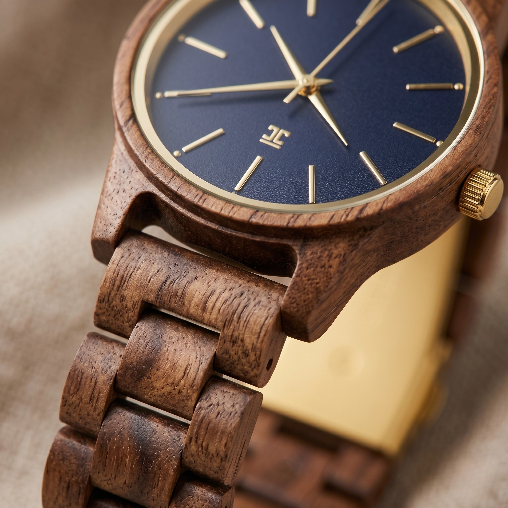Walnut wood wristwatch with blue dial and gold hands, wooden link band