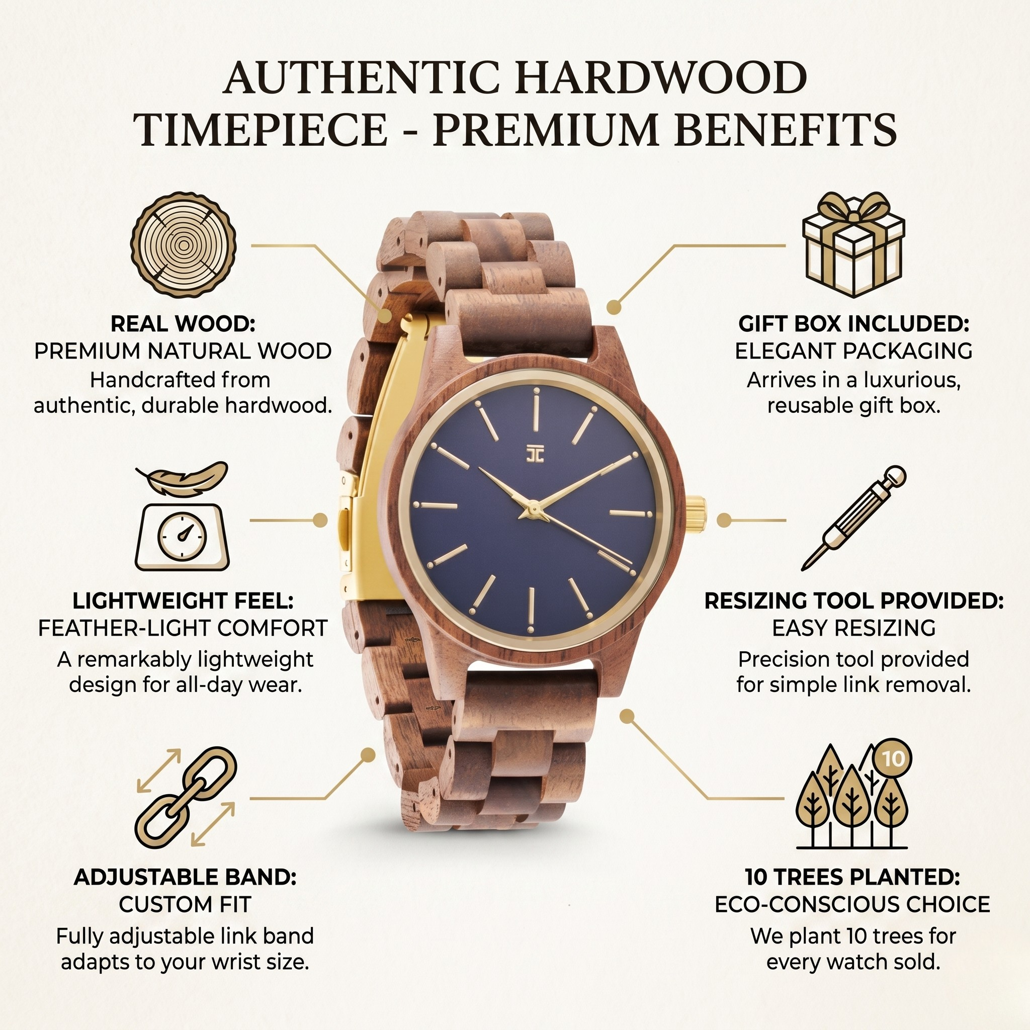 Wooden wristwatch with blue dial, gold hour markers, and chunky link bracelet