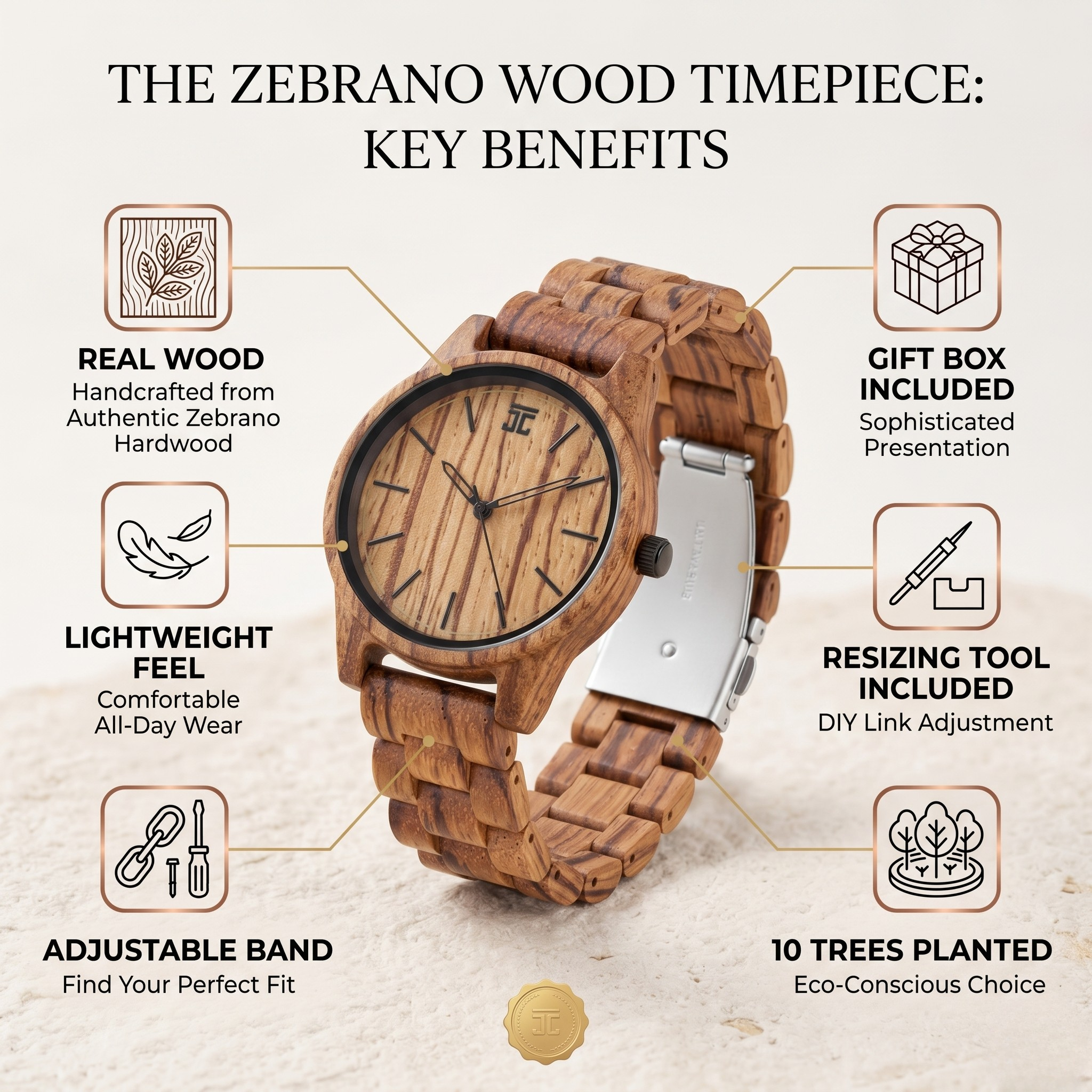 Zebrawood wristwatch shown with a gift box and key-features layout