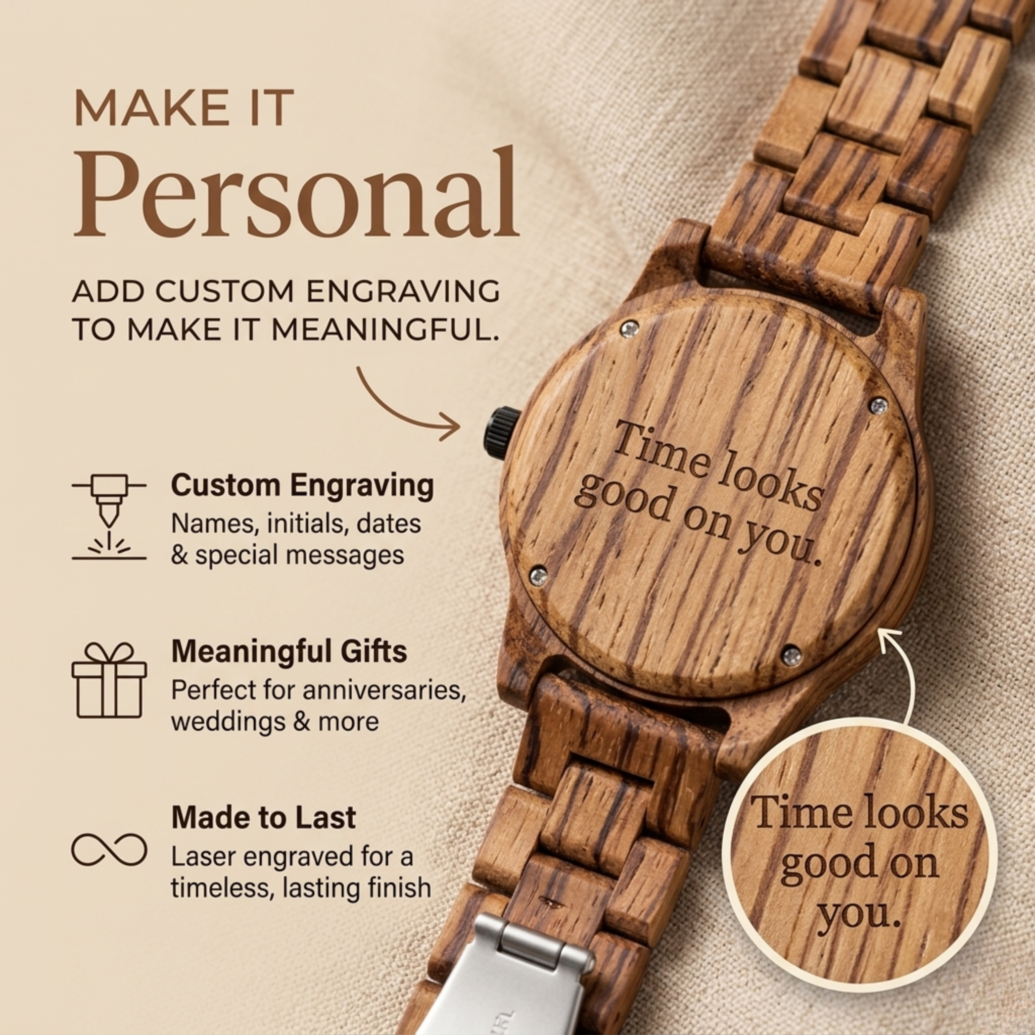 Wooden wristwatch with round dial and link bracelet with engraved message