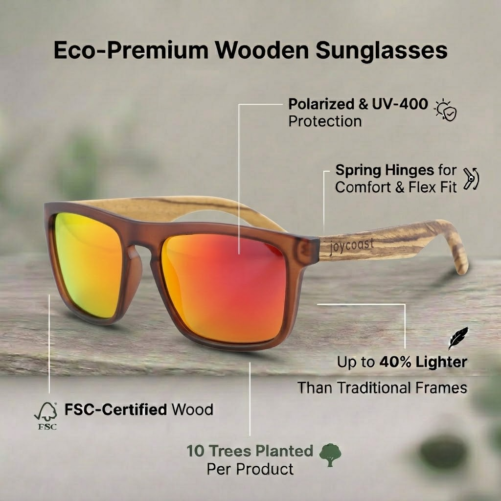 Wooden sunglasses with reflective amber and orange lenses and brown frame