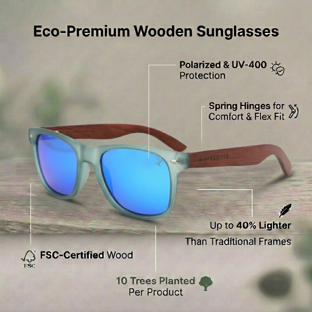 Walnut wooden sunglasses with blue tinted lenses and blue frame