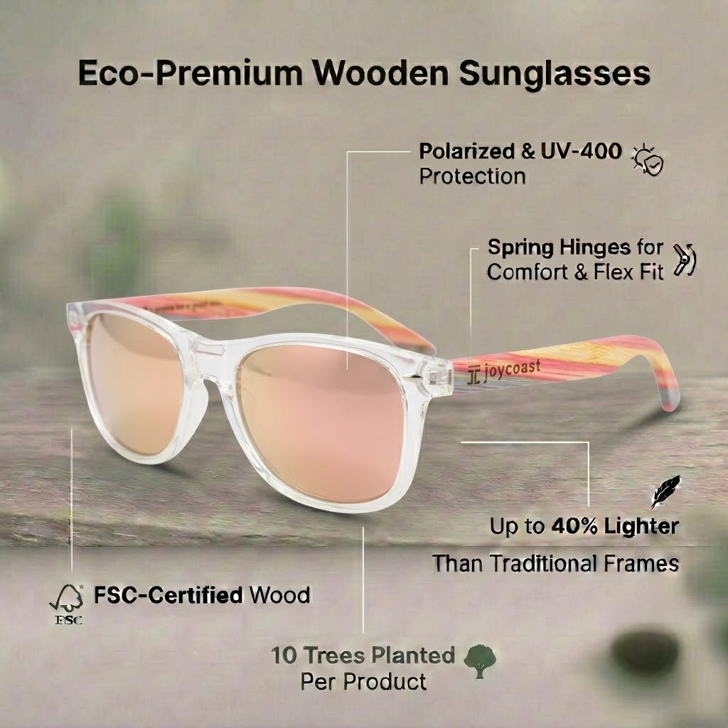 Eco-premium wooden sunglasses made from recycled materials, showcasing a stylish and sustainable design.