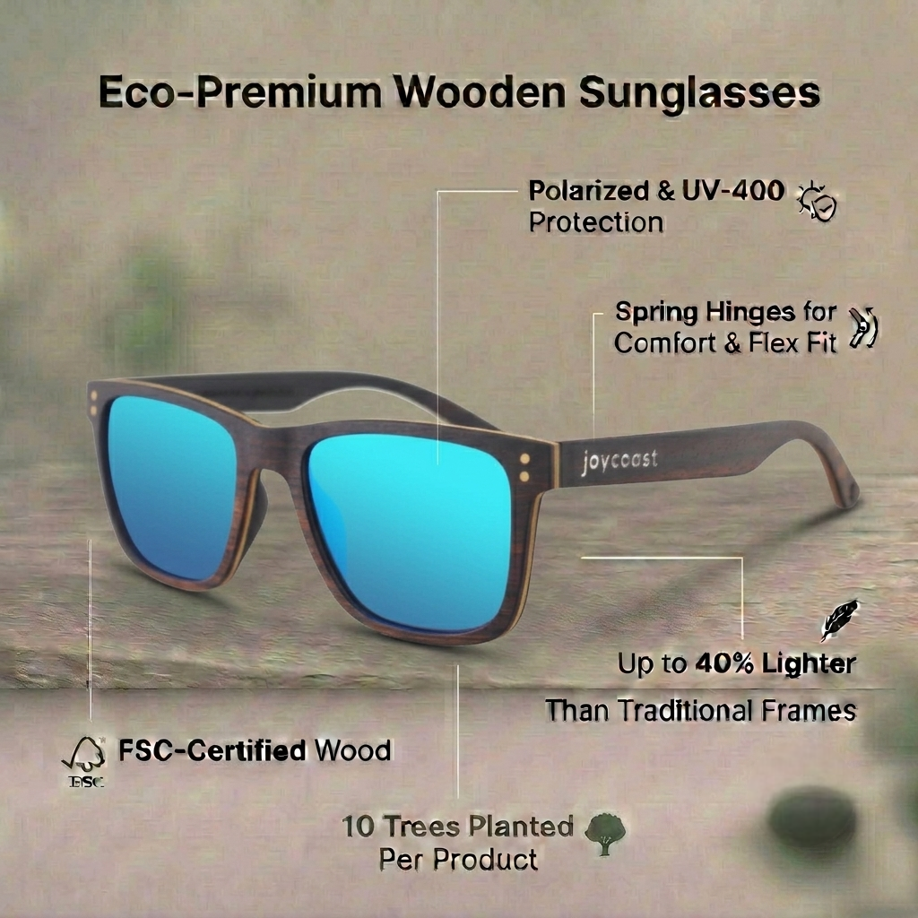 Dark wooden wayfarer sunglasses with blue mirrored lenses and joycoast temple logo