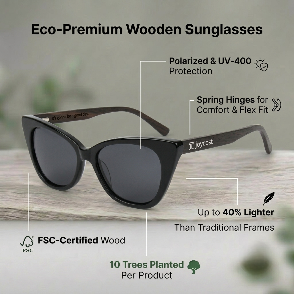 Cat-eye sunglasses with dark lenses and black frame, curved temples.