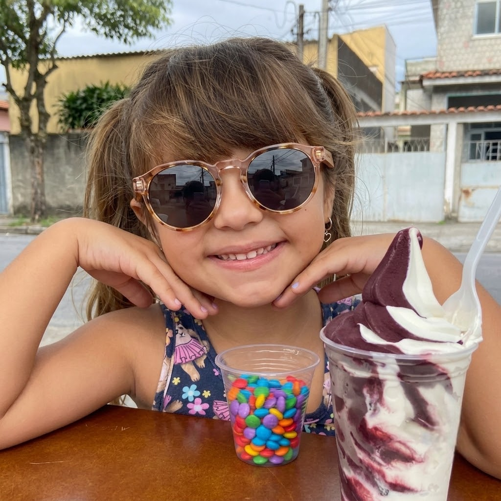 Child wearing kids wooden sunglasses, tortoise frames with dark round lenses