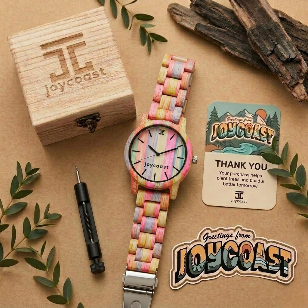 Multicolor wood bracelet bamboo watch with round dial and black hour markers