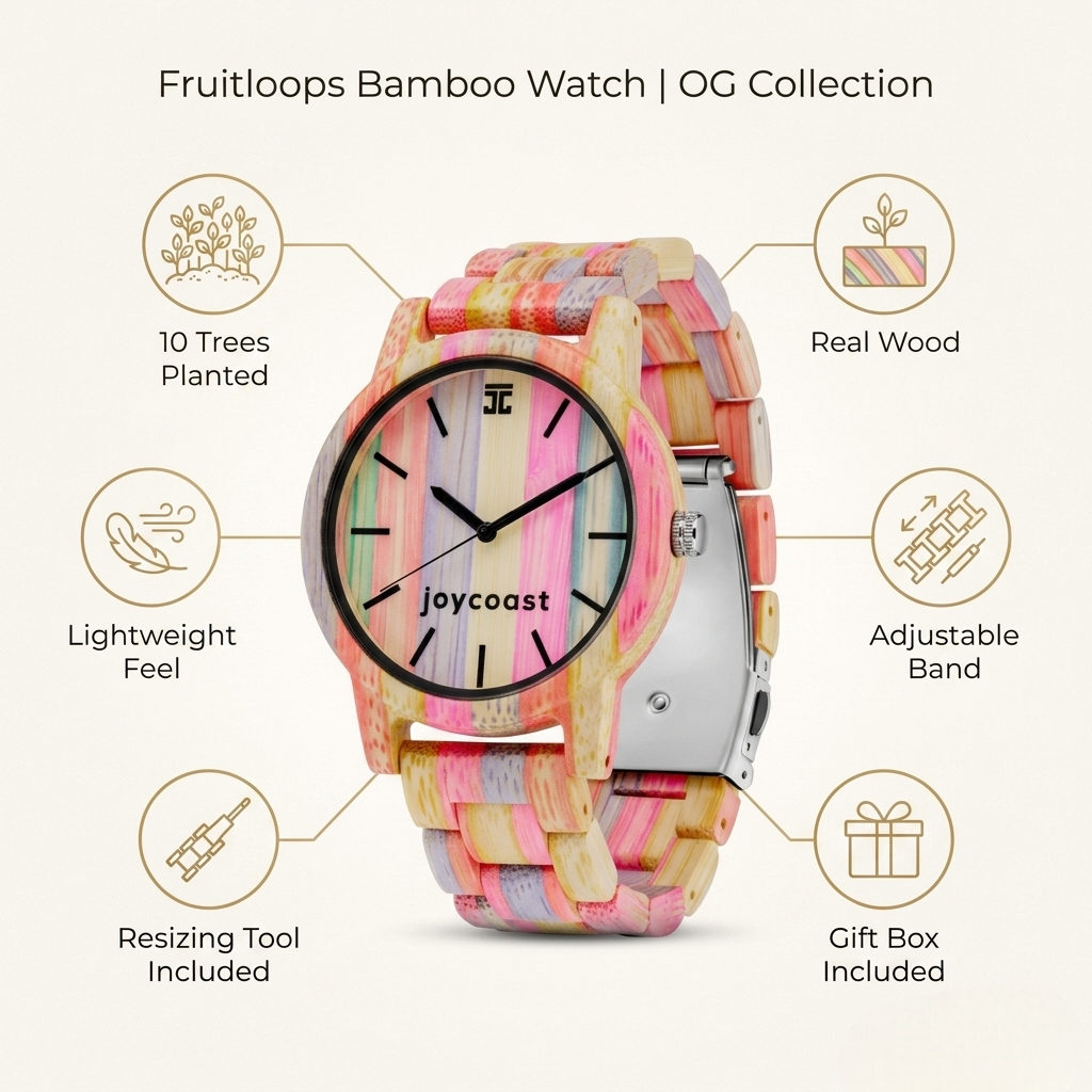 Centered bamboo watch with round face, colorful wood strap, black hour markers