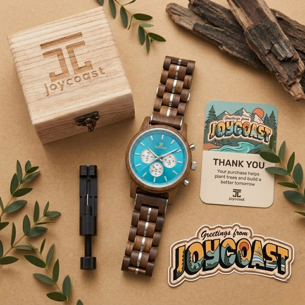 Walnut chronograph watch with blue dial and wooden link bracelet, plus accessories