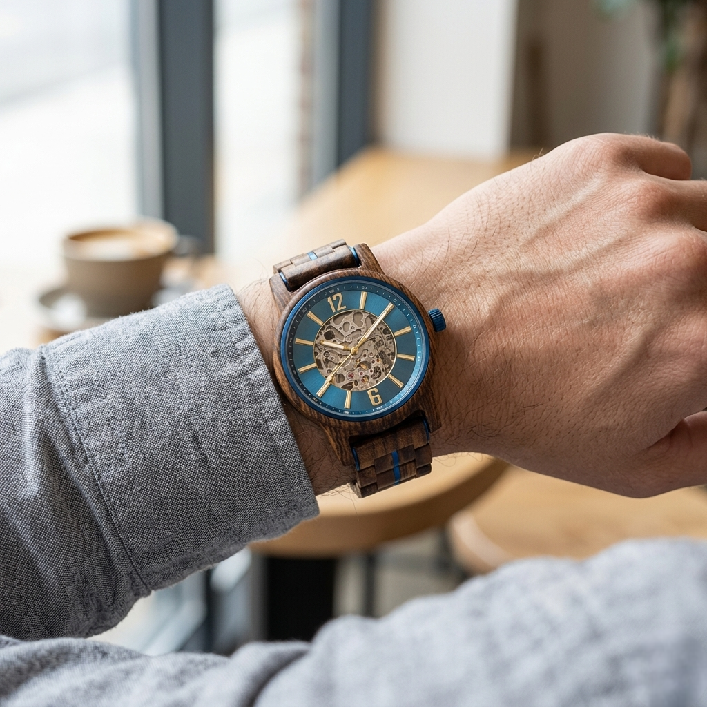 Wooden wristwatch with blue dial on wrist, turquoise side button and multi-slat band