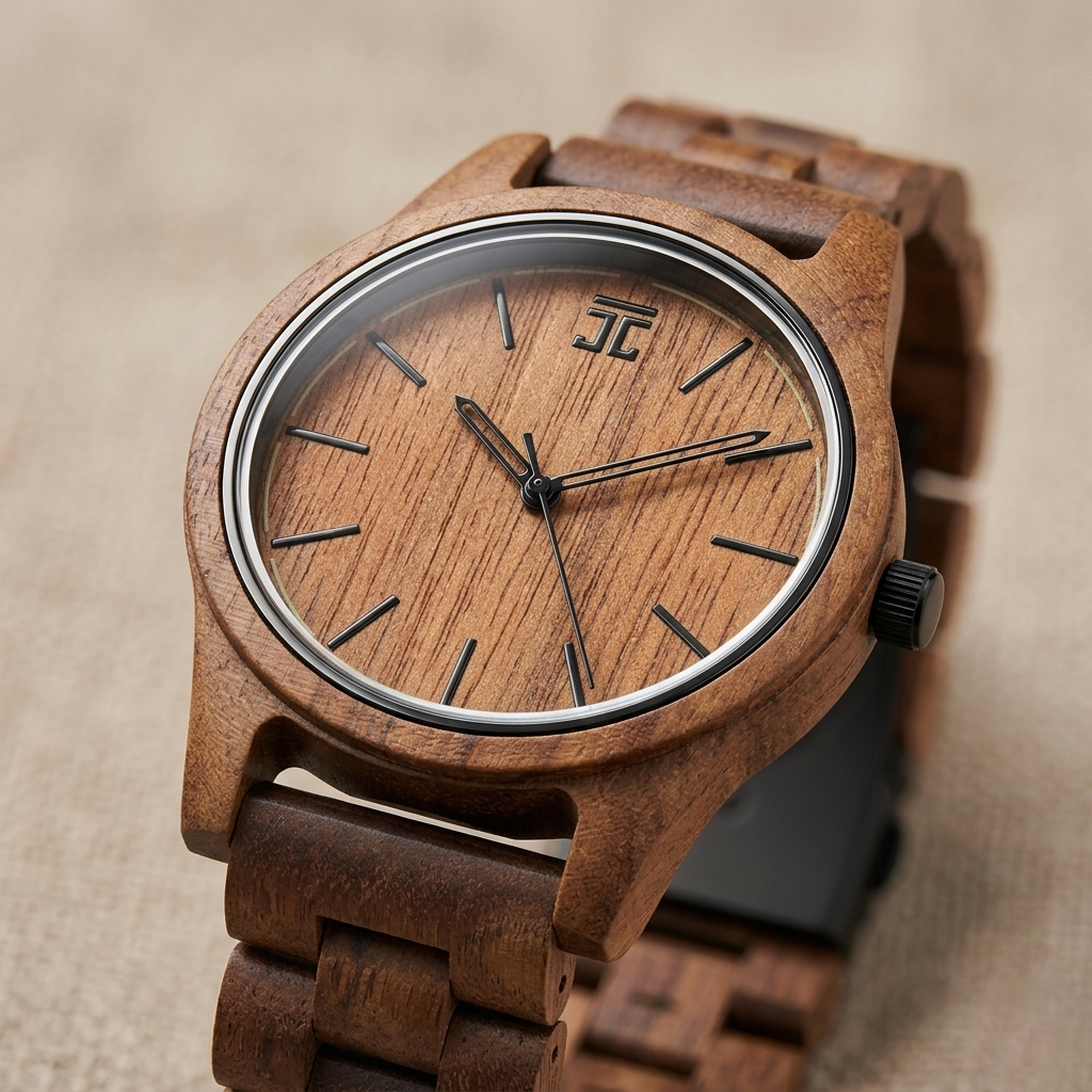 Wooden wristwatch with round walnut case, dark dial, metal bezel, roman numerals
