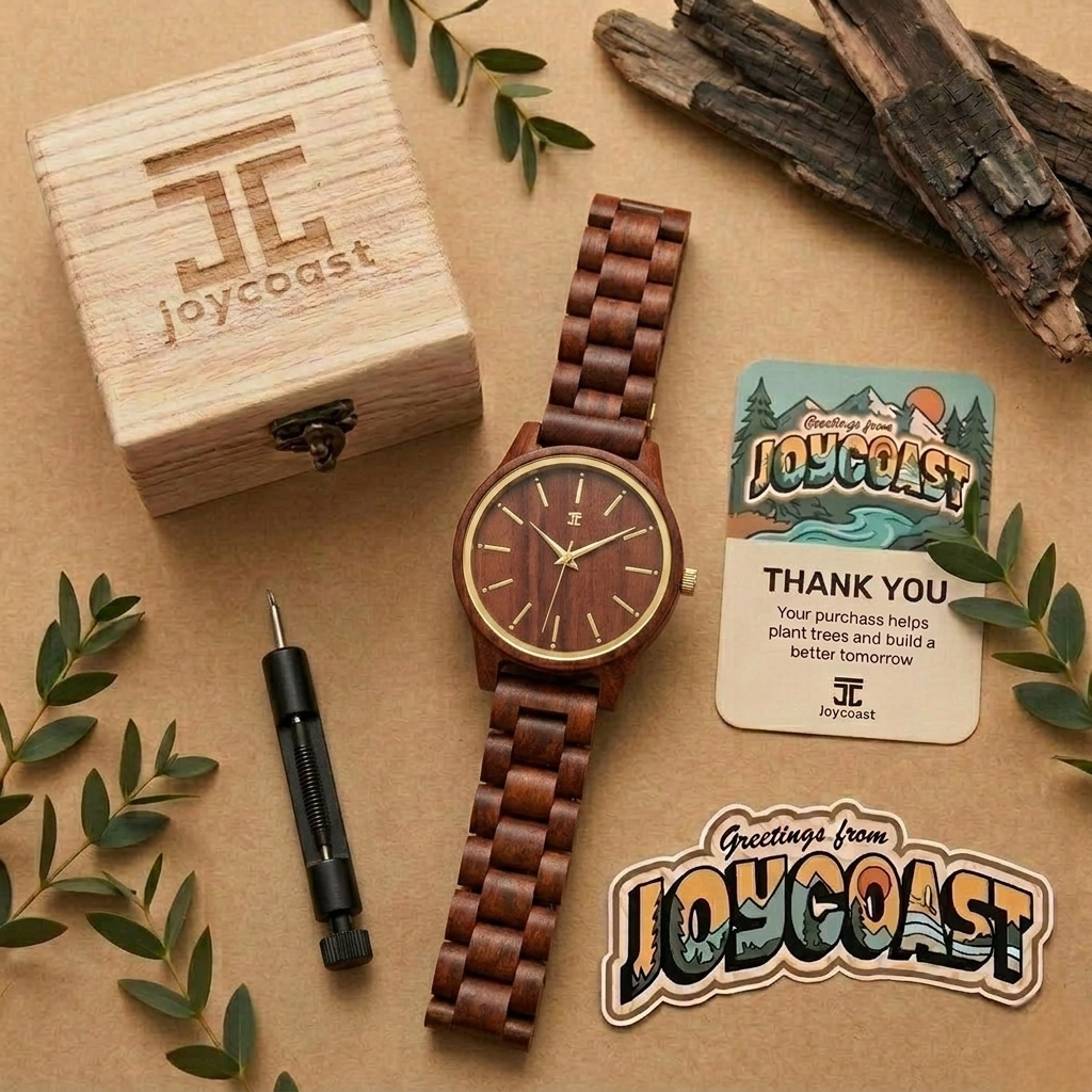 Wooden women's watch with round dark brown dial, gold hands, and linked dark strap
