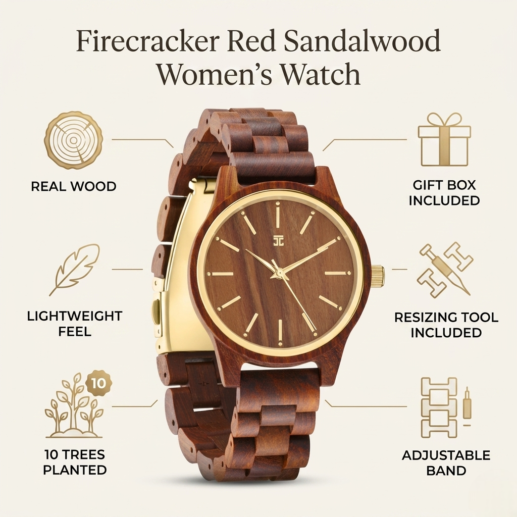 Front view of dark brown wooden women's watch with gold bezel and multi-link band