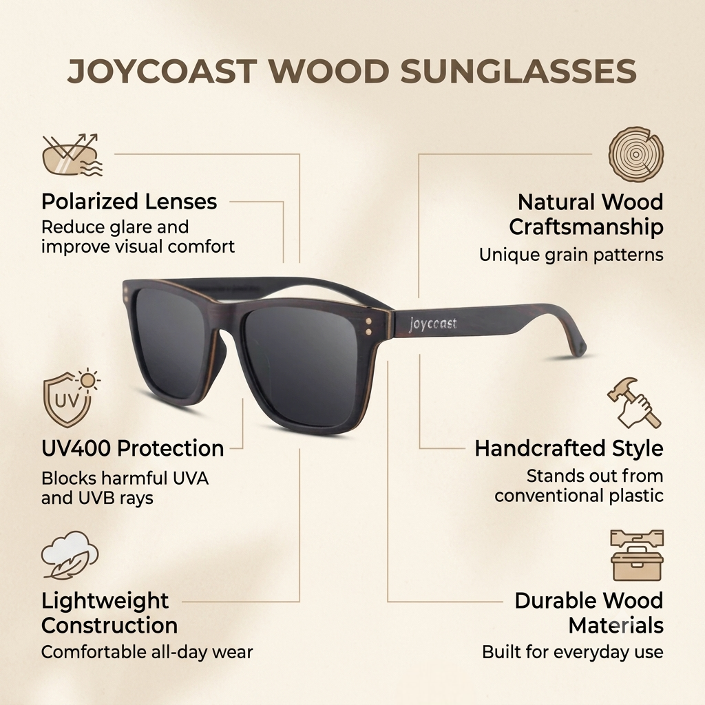 Ebony wood sunglasses with dark polarized lenses, UV400 protection icon layout