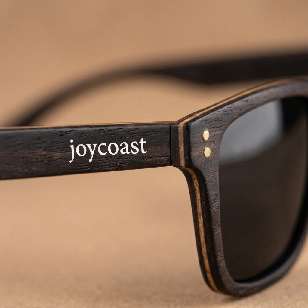 Ebony sunglasses close-up: joycoast logo on temple and dark tinted lens