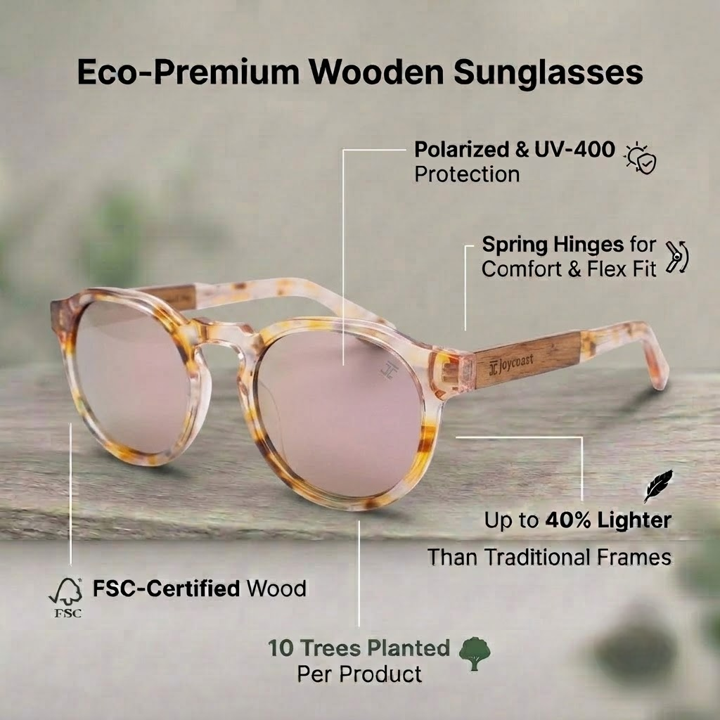 Kids wooden sunglasses, tortoise frame with pink-tinted lenses