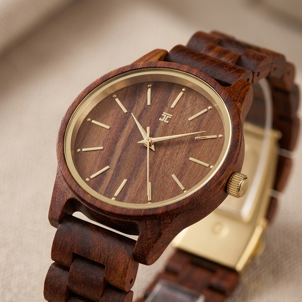 Dark brown wooden women's watch with gold bezel, round dial, and multi-link strap