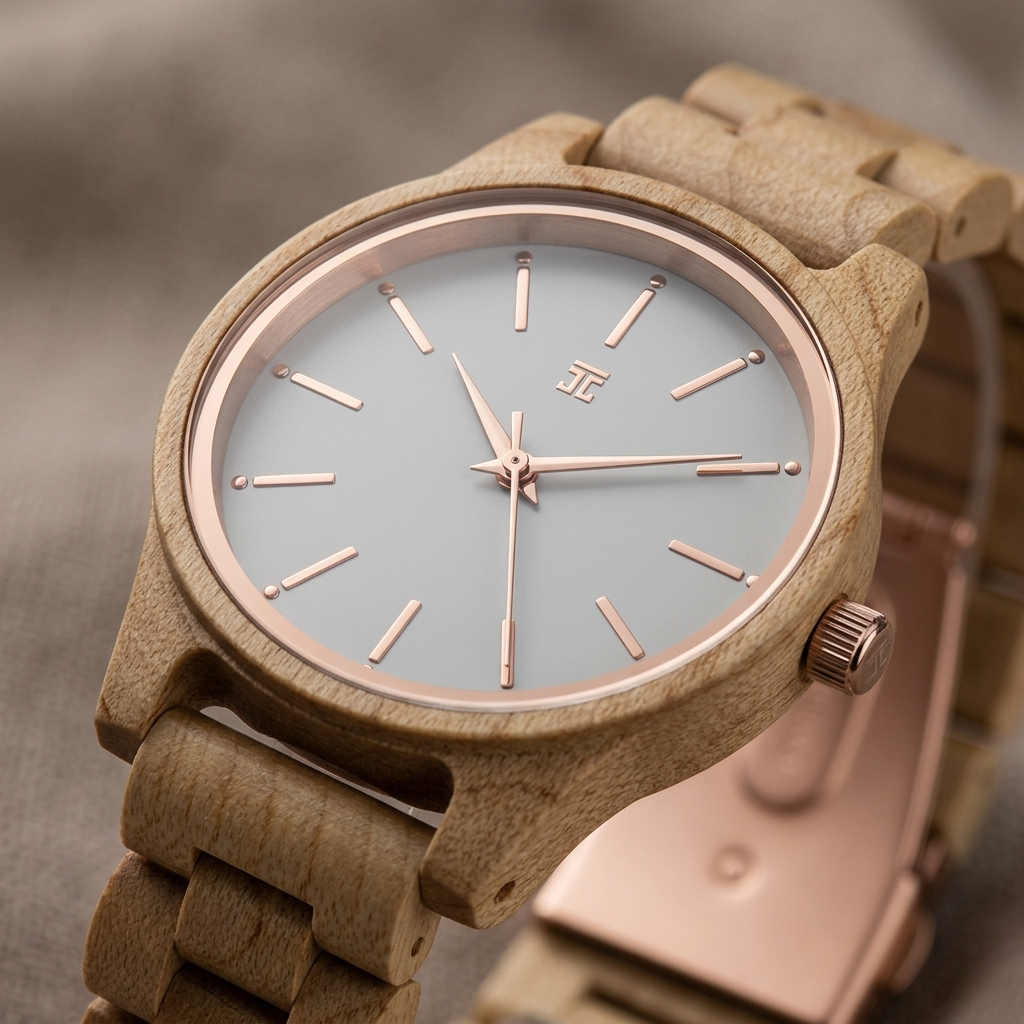 Light wood wristwatch with rose-gold case and pale dial, metal hands