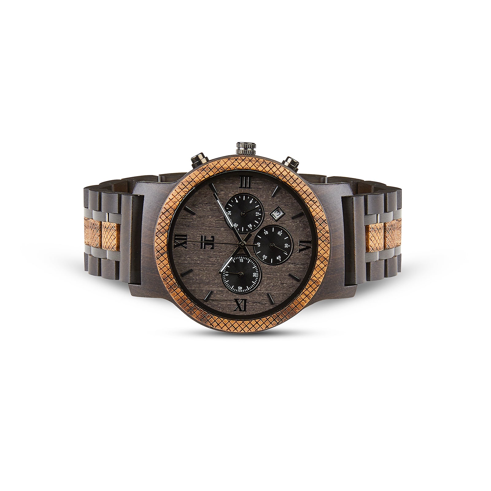 Joycoast handmade wooden watch with dark sandalwood face, engraved bezel, and wooden link band