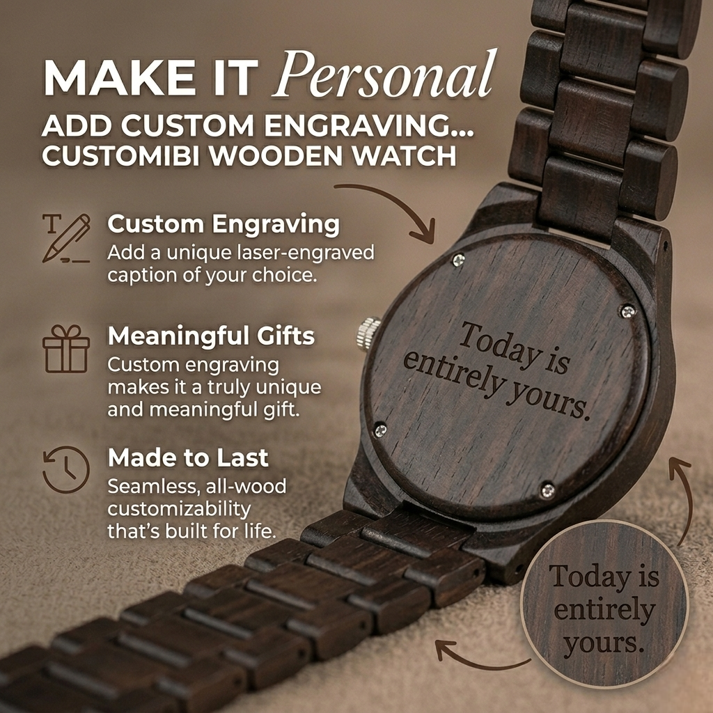 Wooden analog watch with engraved case and dark brown link bracelet