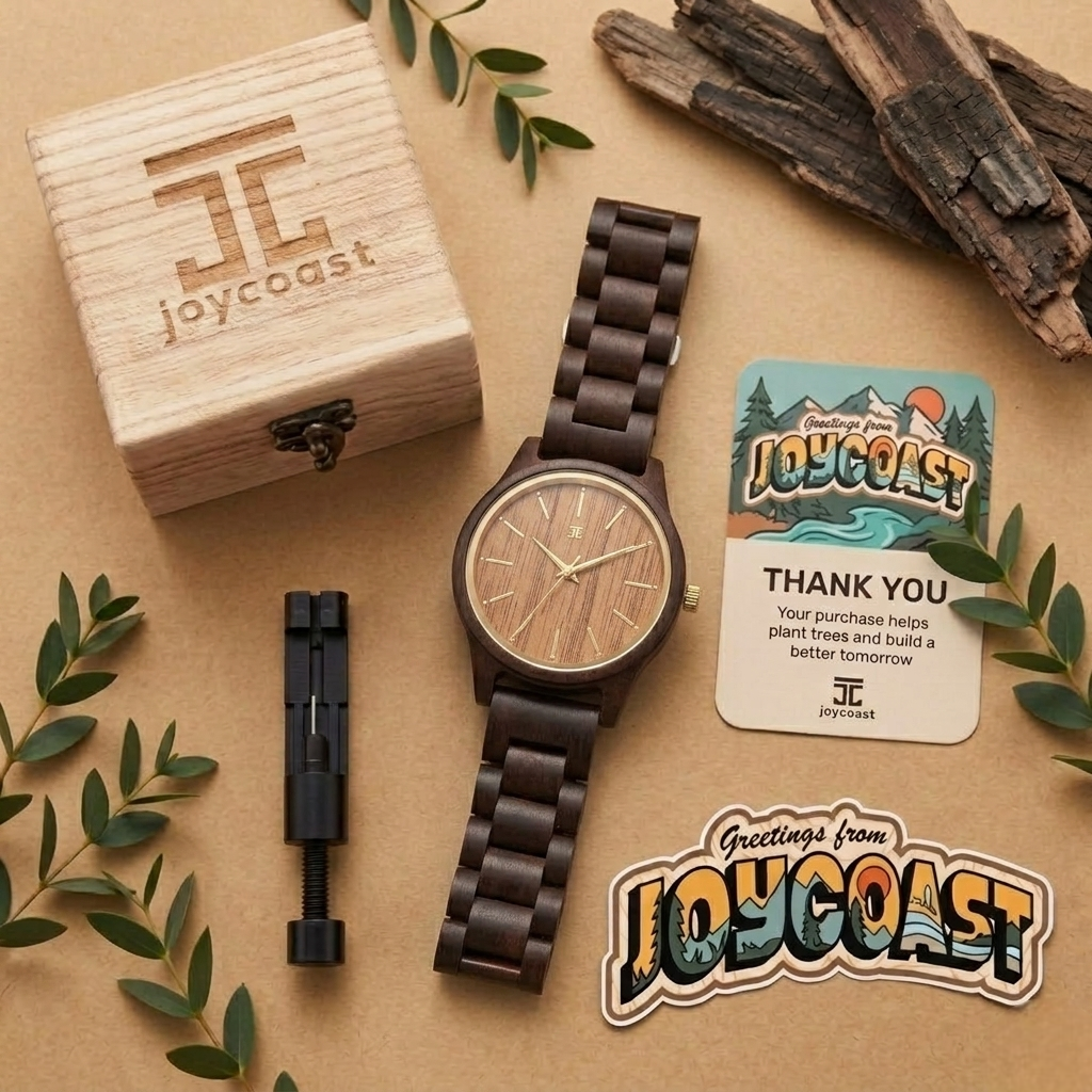Wooden analog watch with dark brown link band and round brown dial