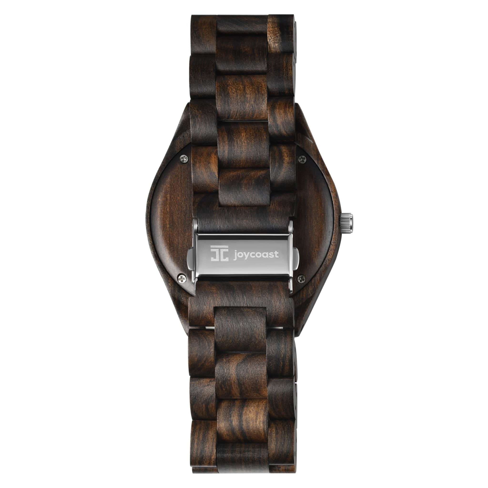 Wooden wrist watch with dark wood band and clasp, side view