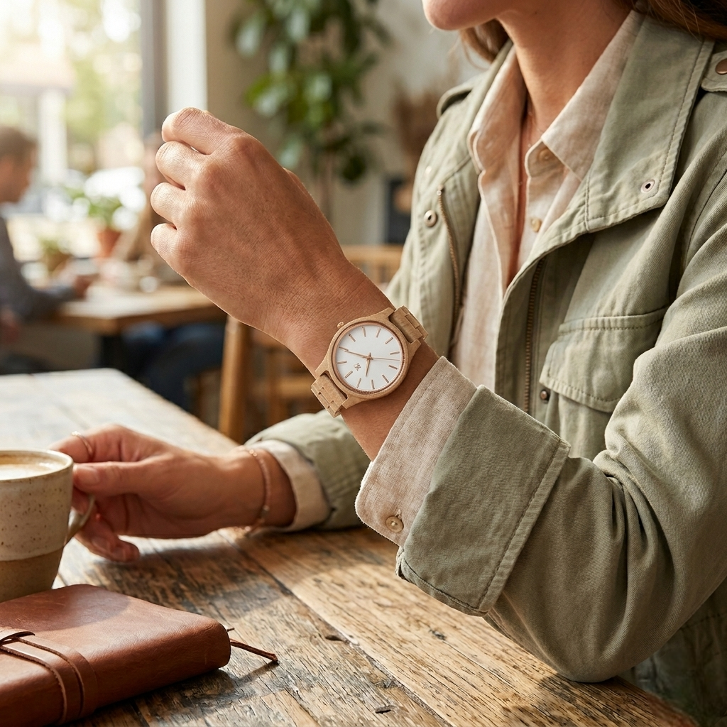 Wood wristwatch with pale dial and rose-gold tone accents on a wearer’s arm