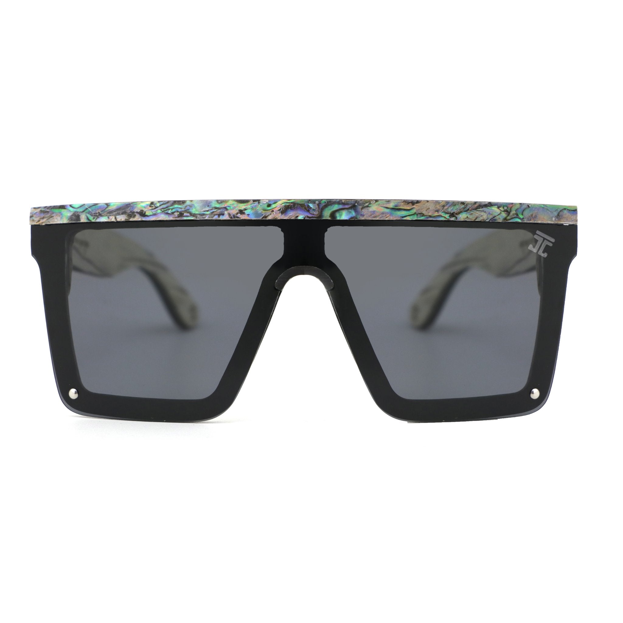 Frameless wooden sunglasses with dark lenses and patterned top bar