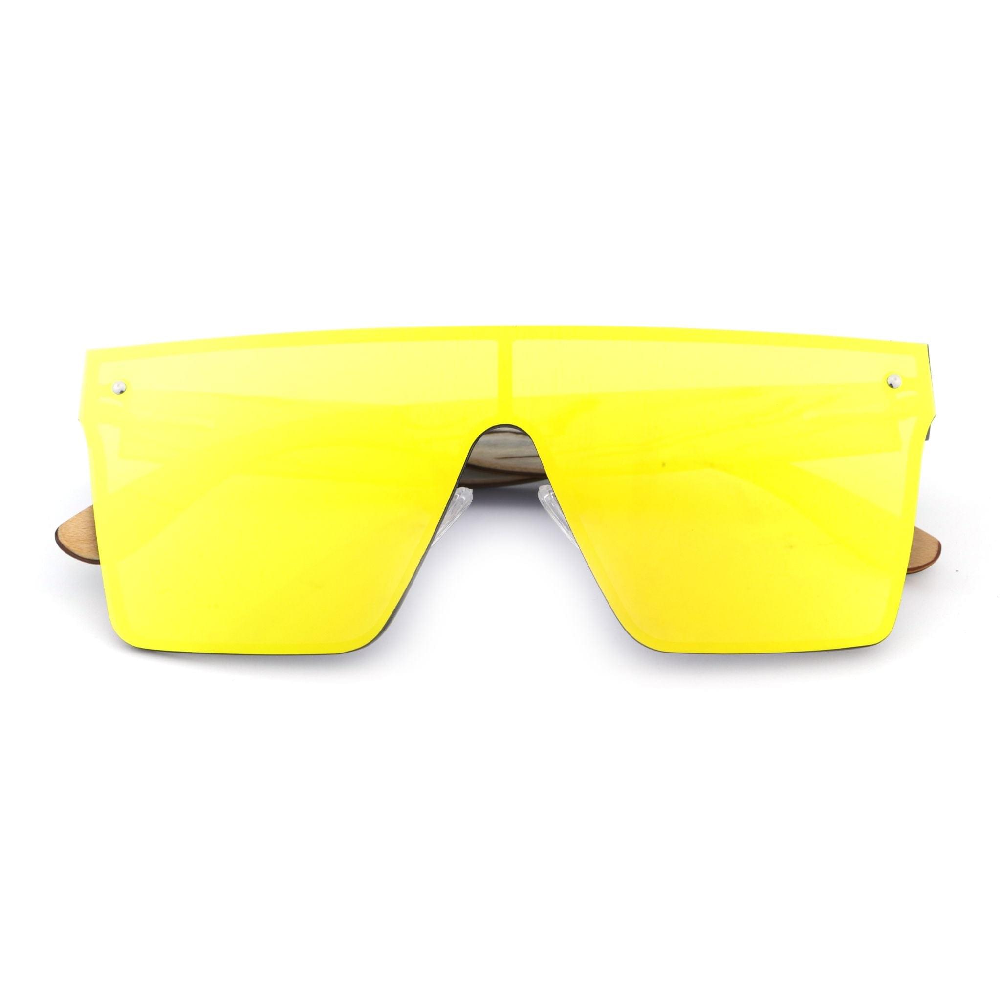 Apres-ski frameless sunglasses with bright yellow frame and dark mirrored lenses