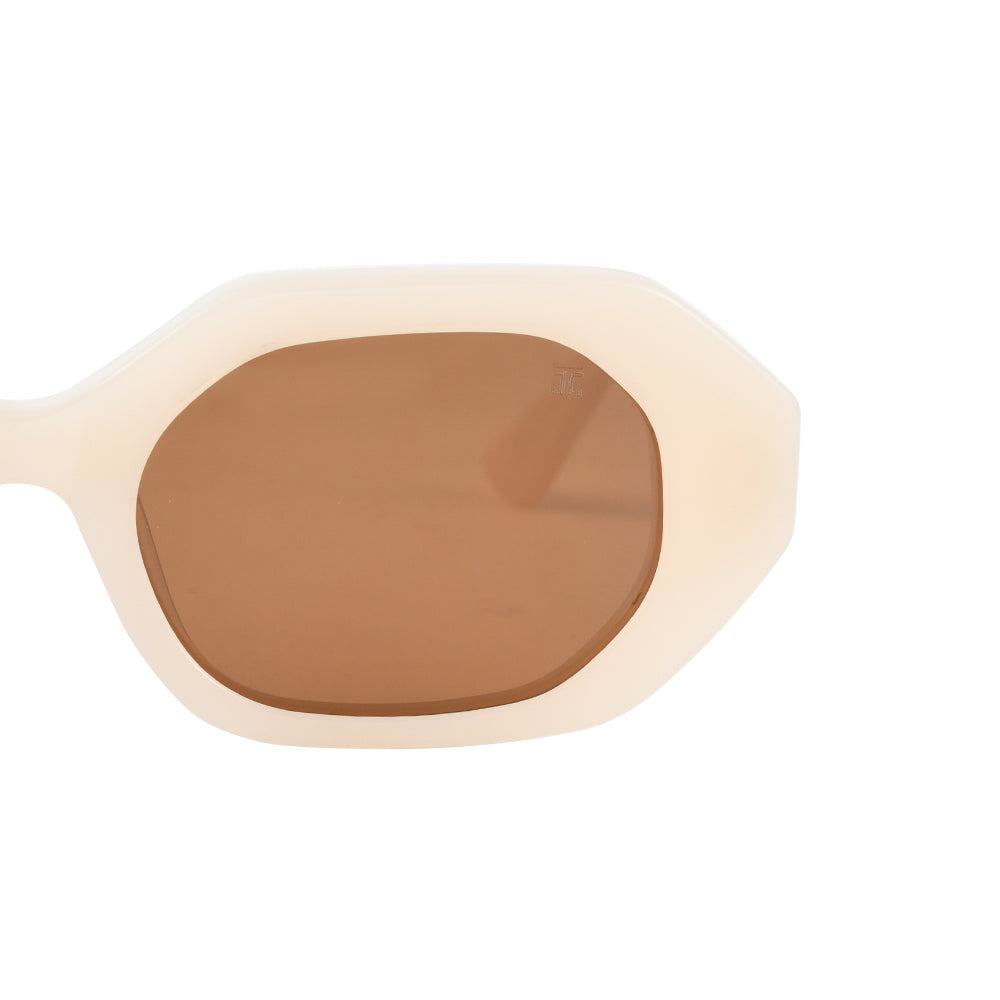 Madge mixed wood acetate sunglasses, close-up of oval brown-tinted lenses