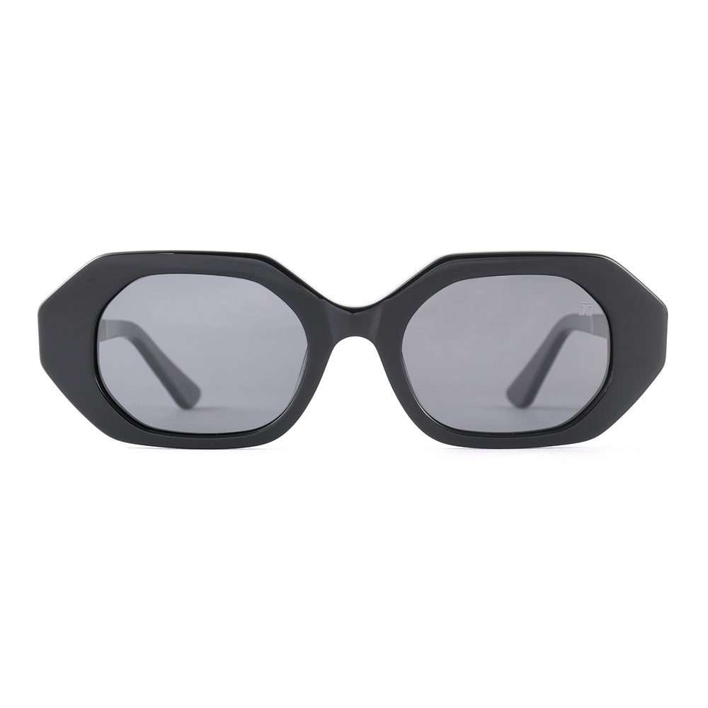 Women's sunglasses, matte black acetate frame with two oval grey tinted lenses