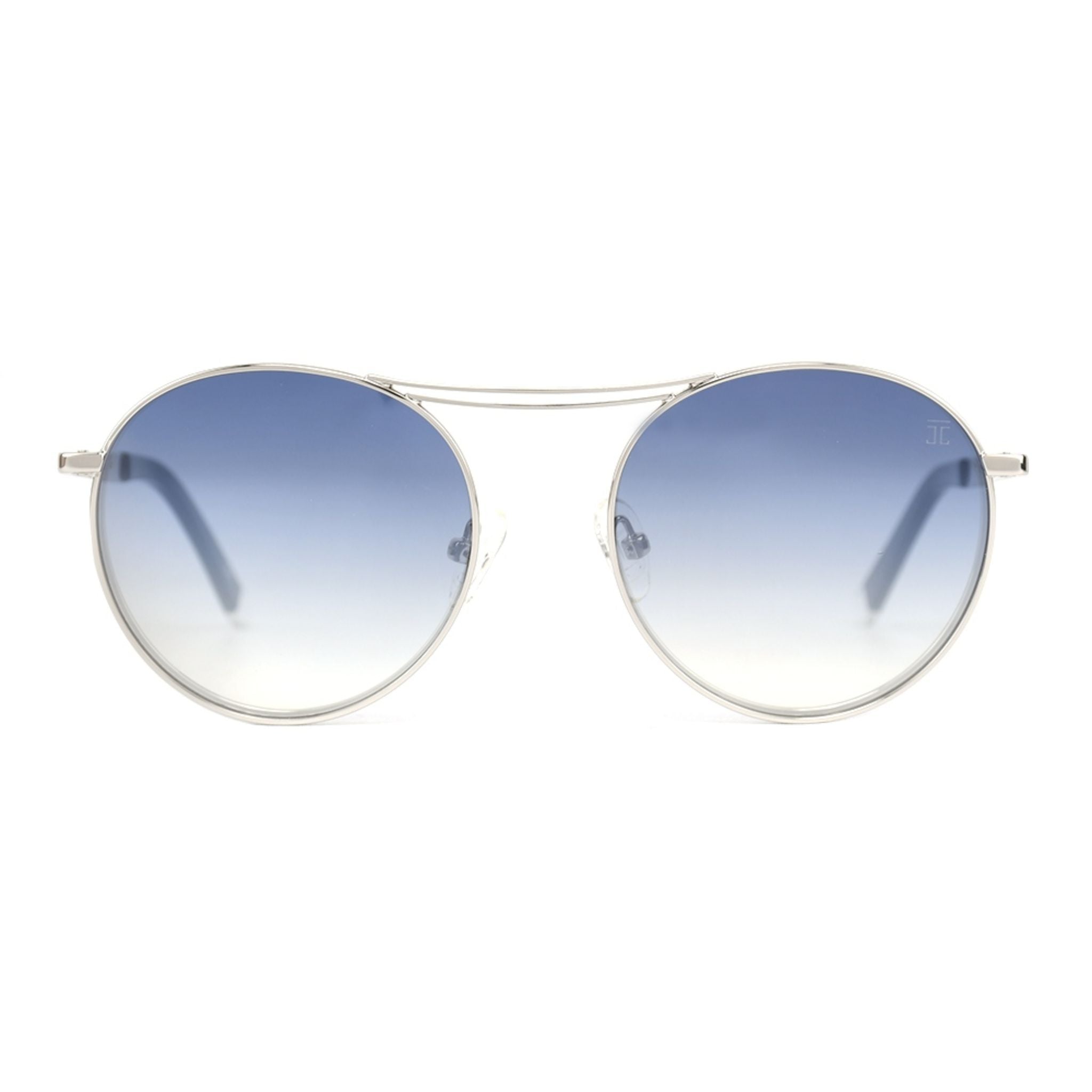 Cat-eye sunglasses with gradient blue lenses and silver metal frame