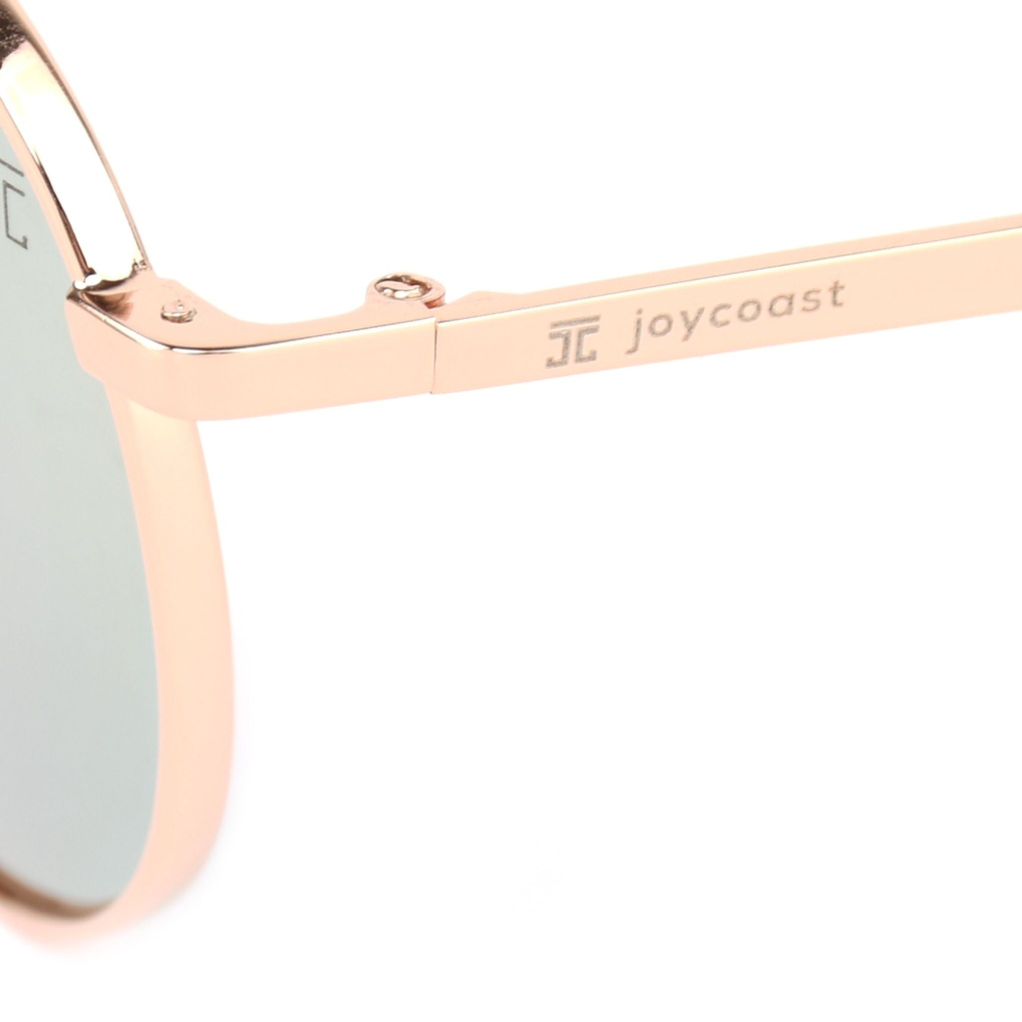 Cat-eye sunglasses with pink metal frame and joycoast logo on temple