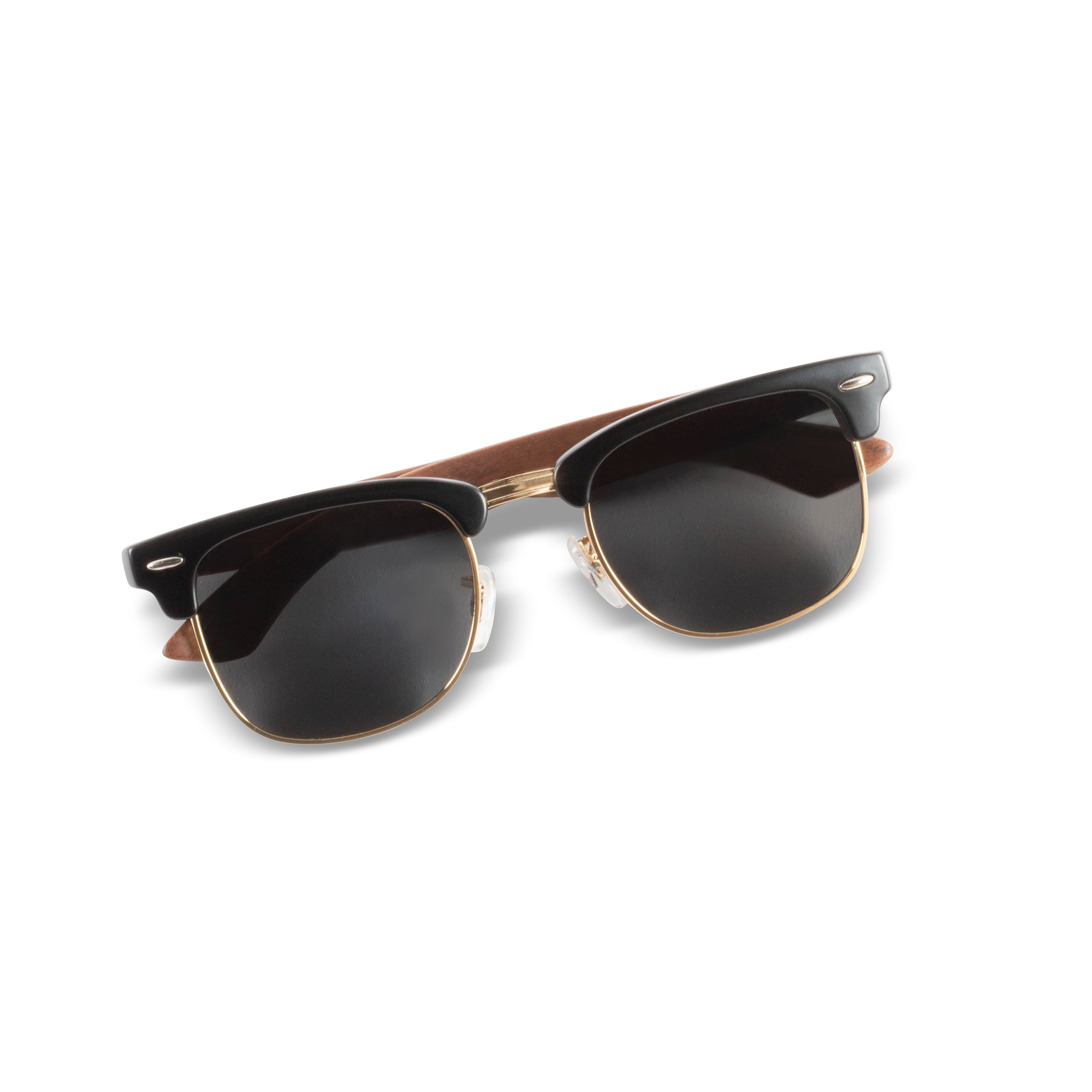 Clubmaster wooden sunglasses with black frame, dark lenses and walnut temple arms