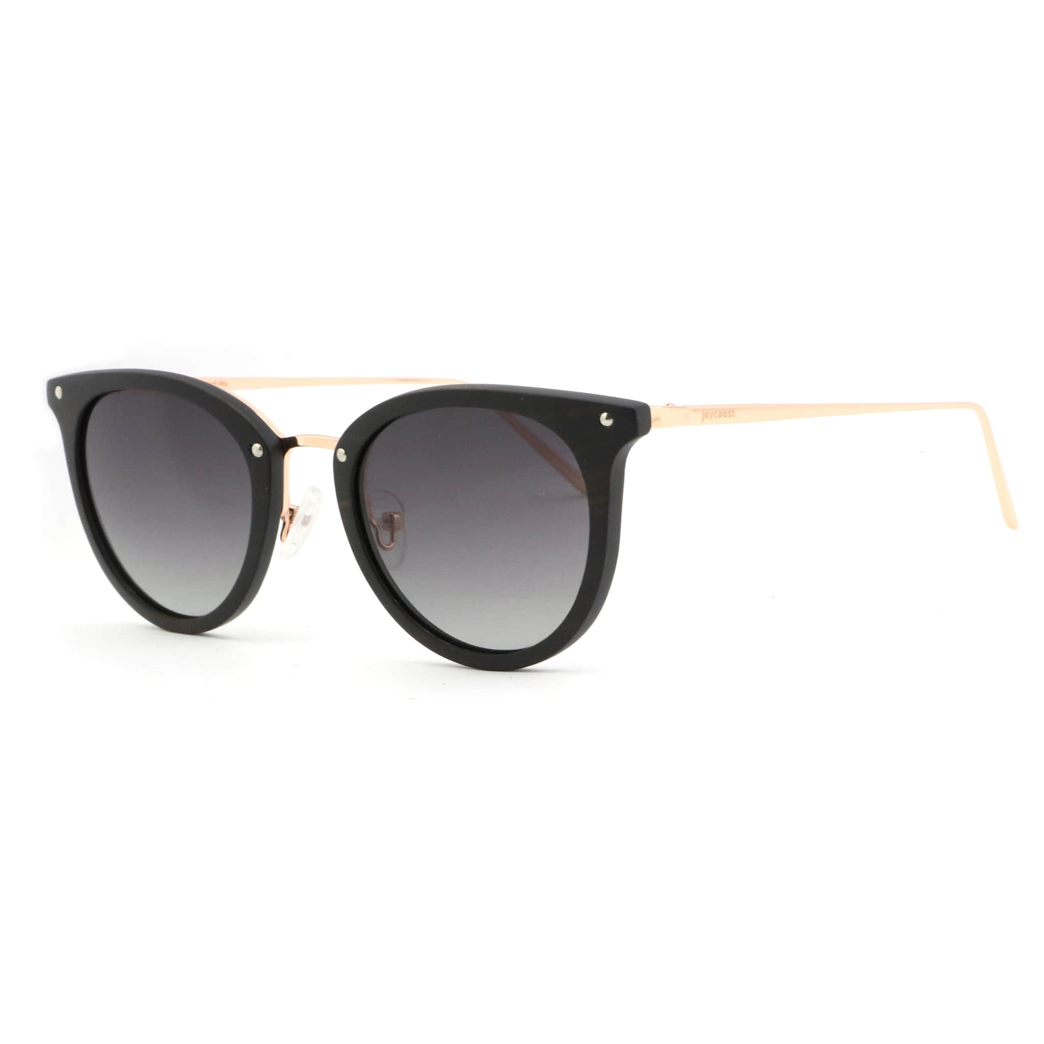 Black cat-eye sunglasses with grey tinted lenses and gold-tone hinge details