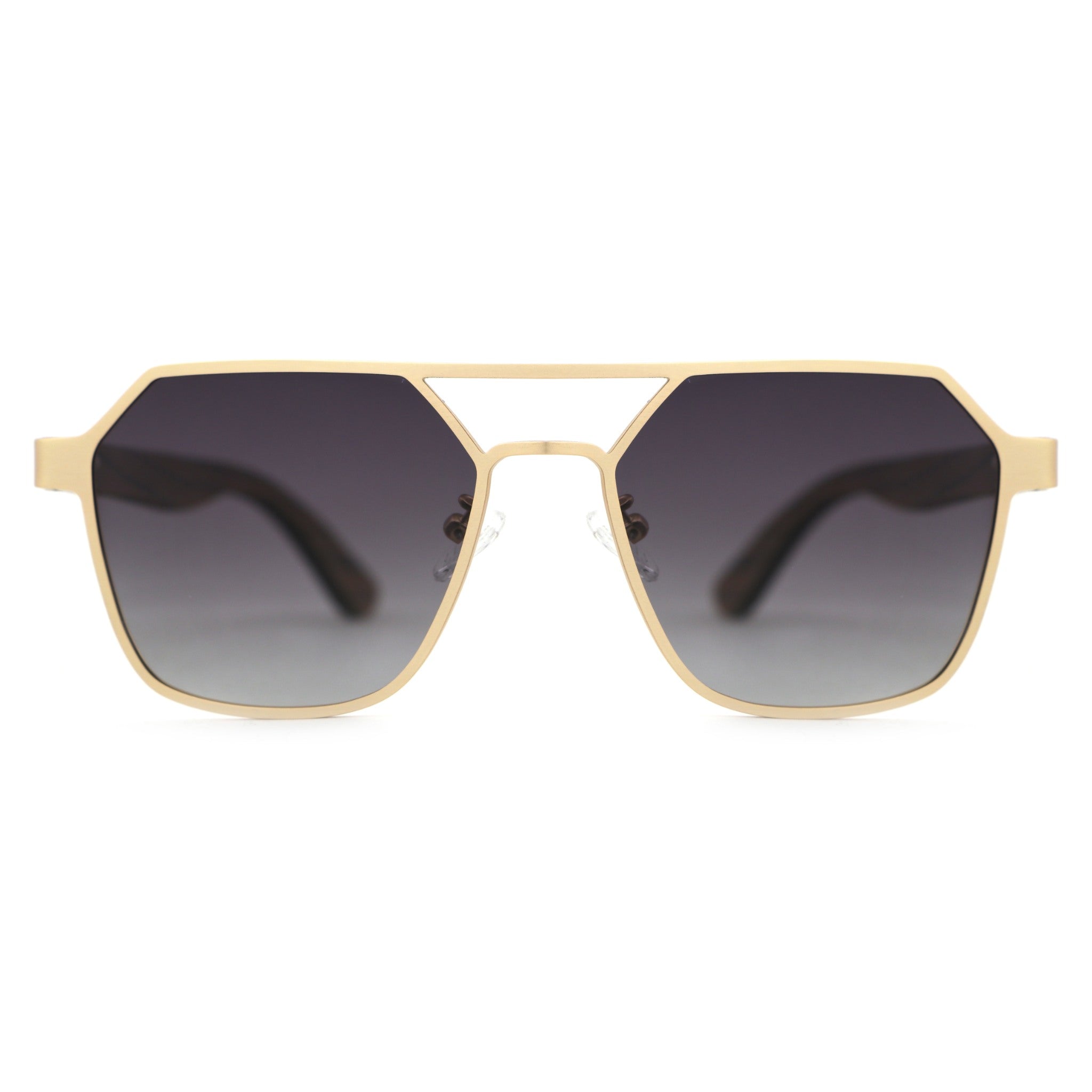Hexagon wooden sunglasses with gold frame and dark tinted lenses, front view