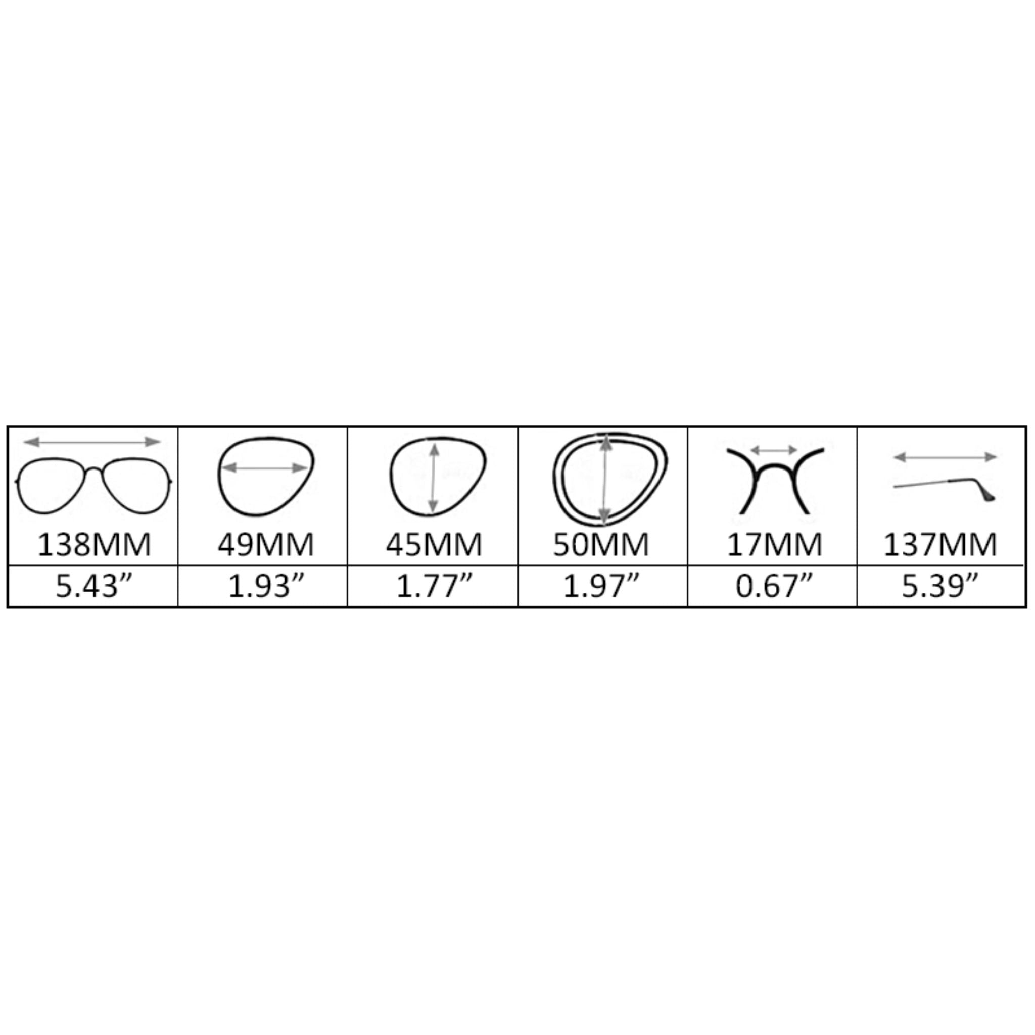 Sunglasses size chart with frame measurements