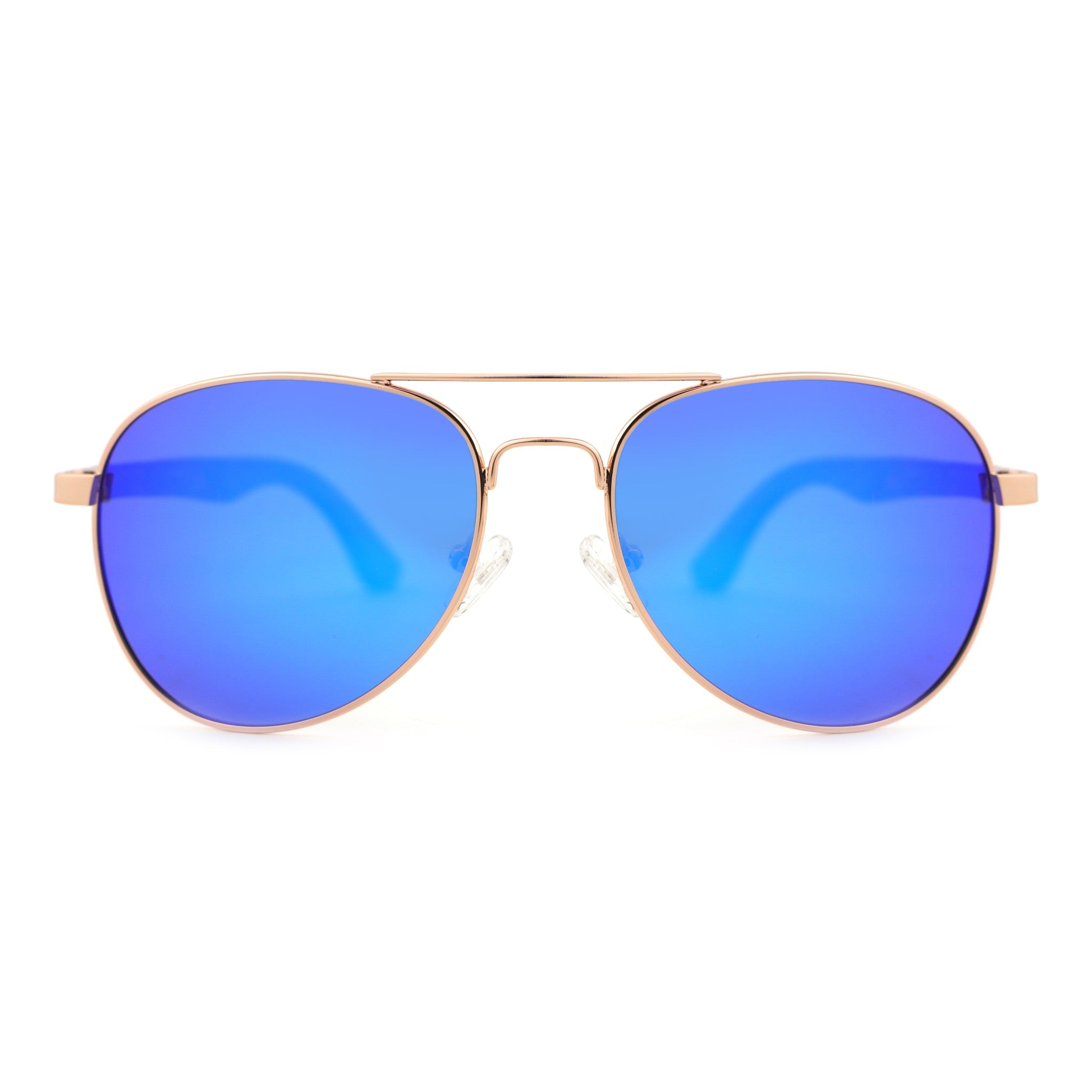 Aviator sunglasses with rose gold frames and blue mirrored lenses, front view