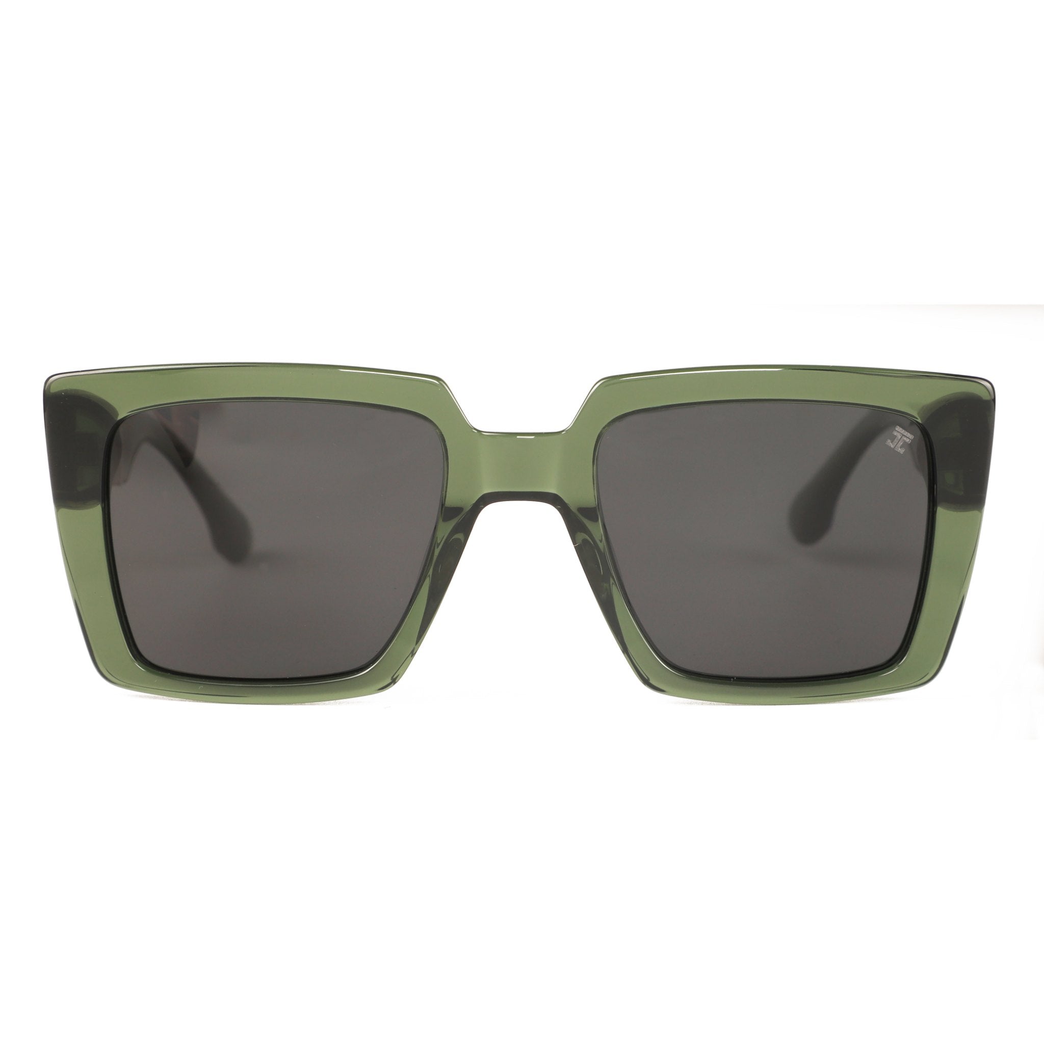 Men's square sunglasses with dark lenses and green acetate frame