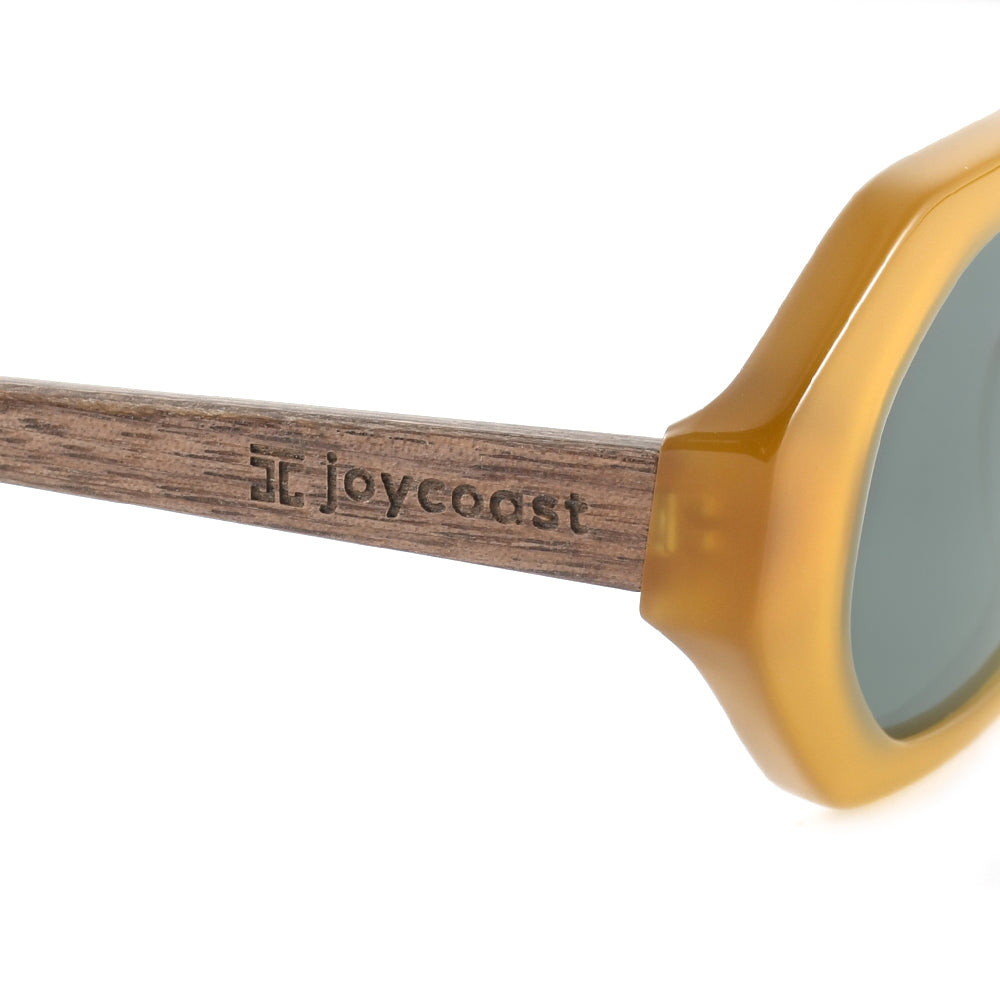 Madge mixed wood acetate sunglasses with engraved wooden temple and amber frame