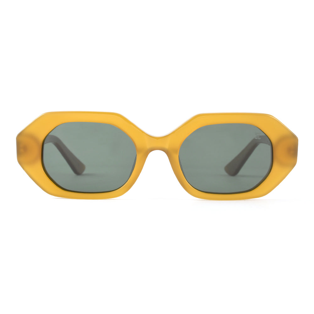 Madge mixed wood acetate sunglasses, oval yellow frames with blue-green lenses
