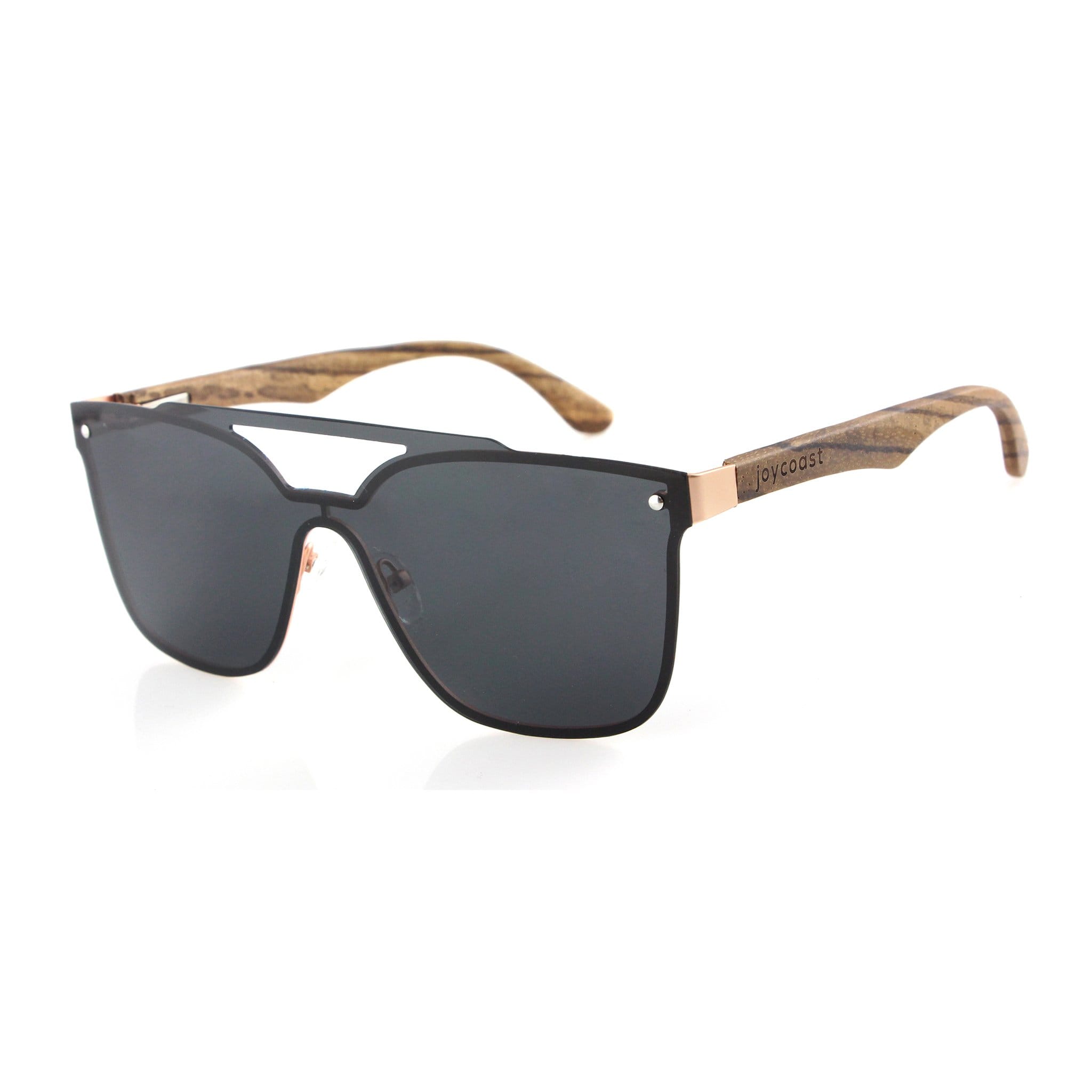 Frameless sunglasses with dark reflective lenses and wood-tone arms