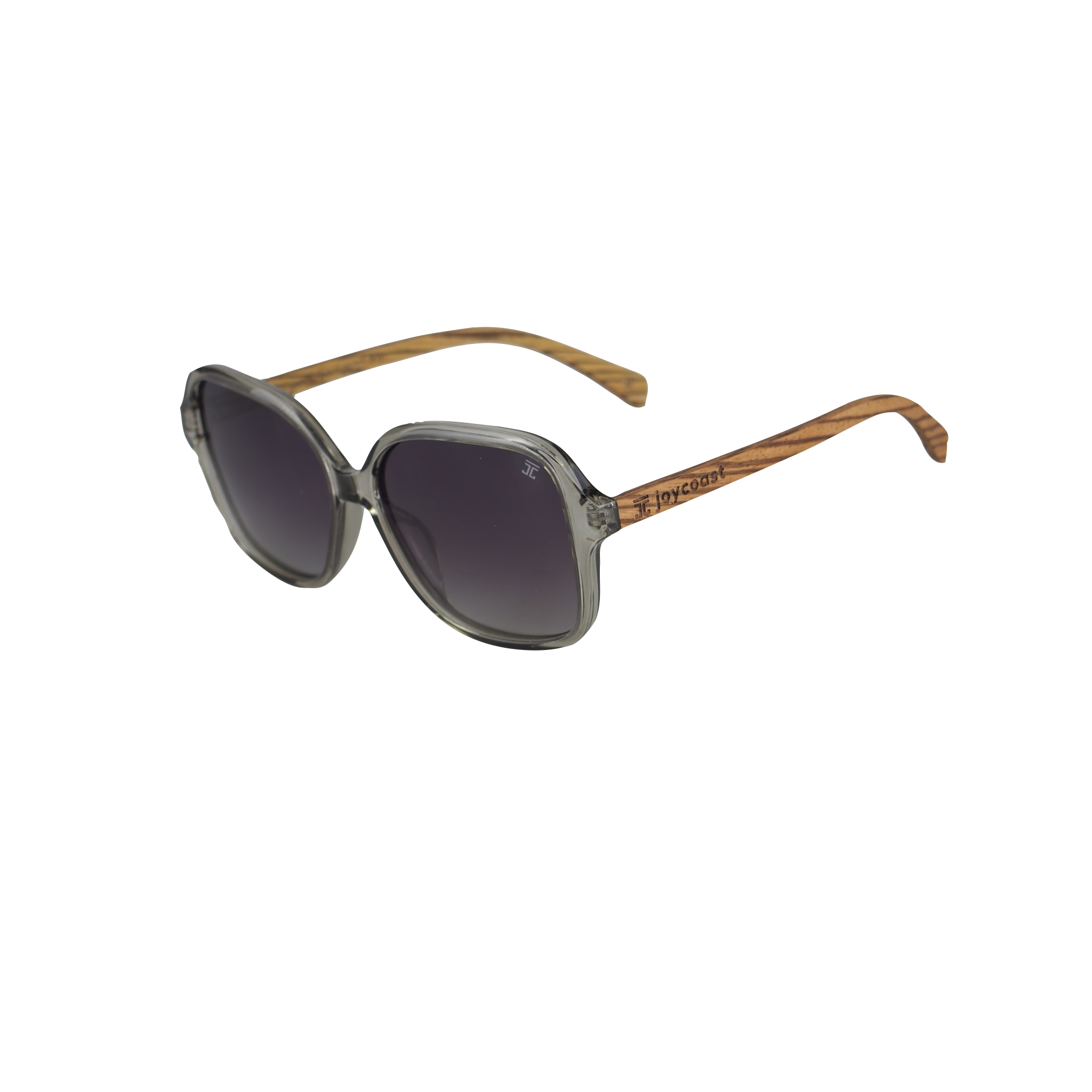 Cat-eye sunglasses angled view, dark lenses, brown wood-look temples