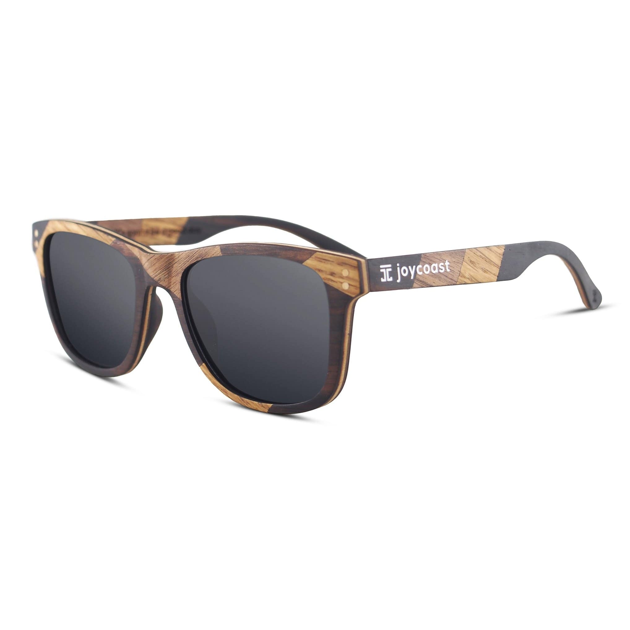 Angled view of ebony sunglasses with dark lenses and zebrawood arms