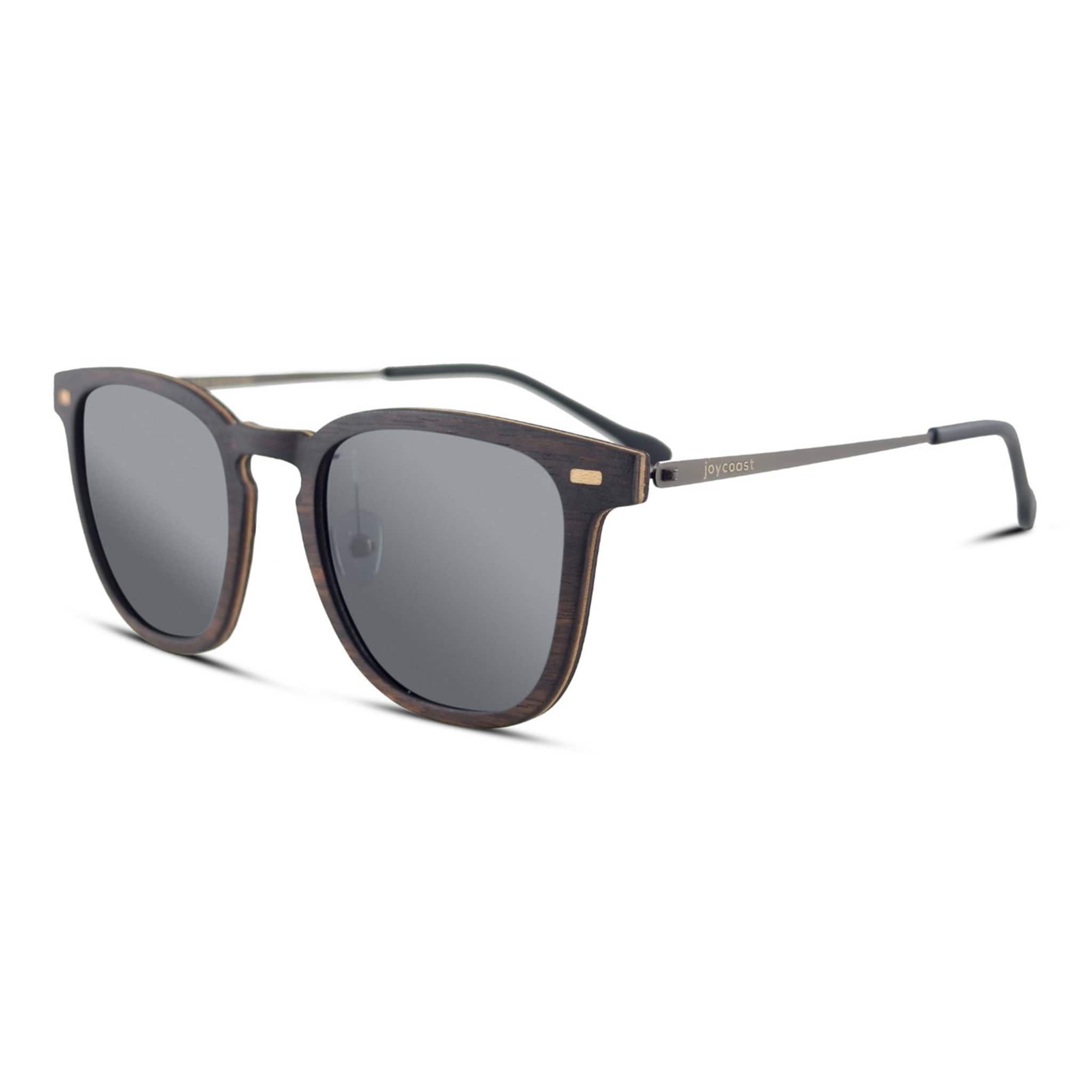 Square sunglasses with dark frames, gray lenses, and slim metal arms