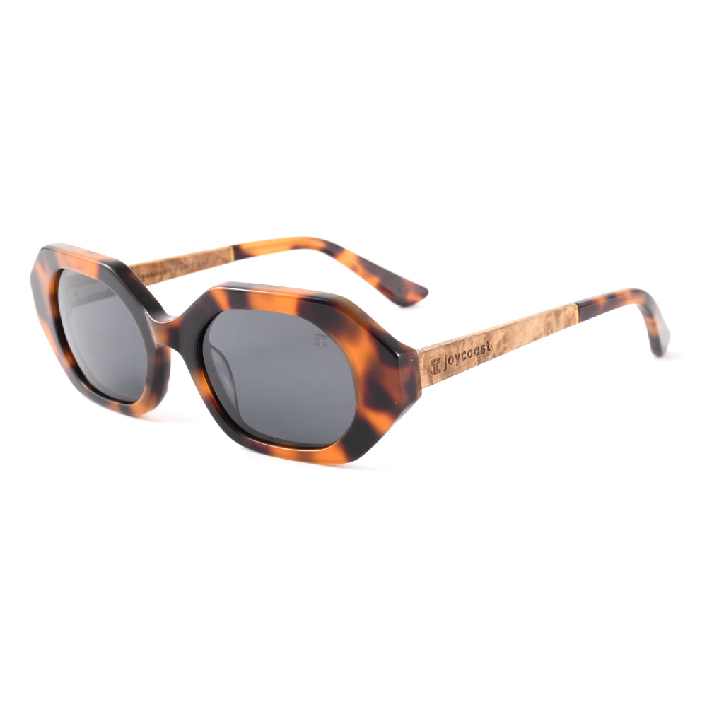 Women's sunglasses with tortoise acetate frame, mixed wood temples, grey tinted lenses