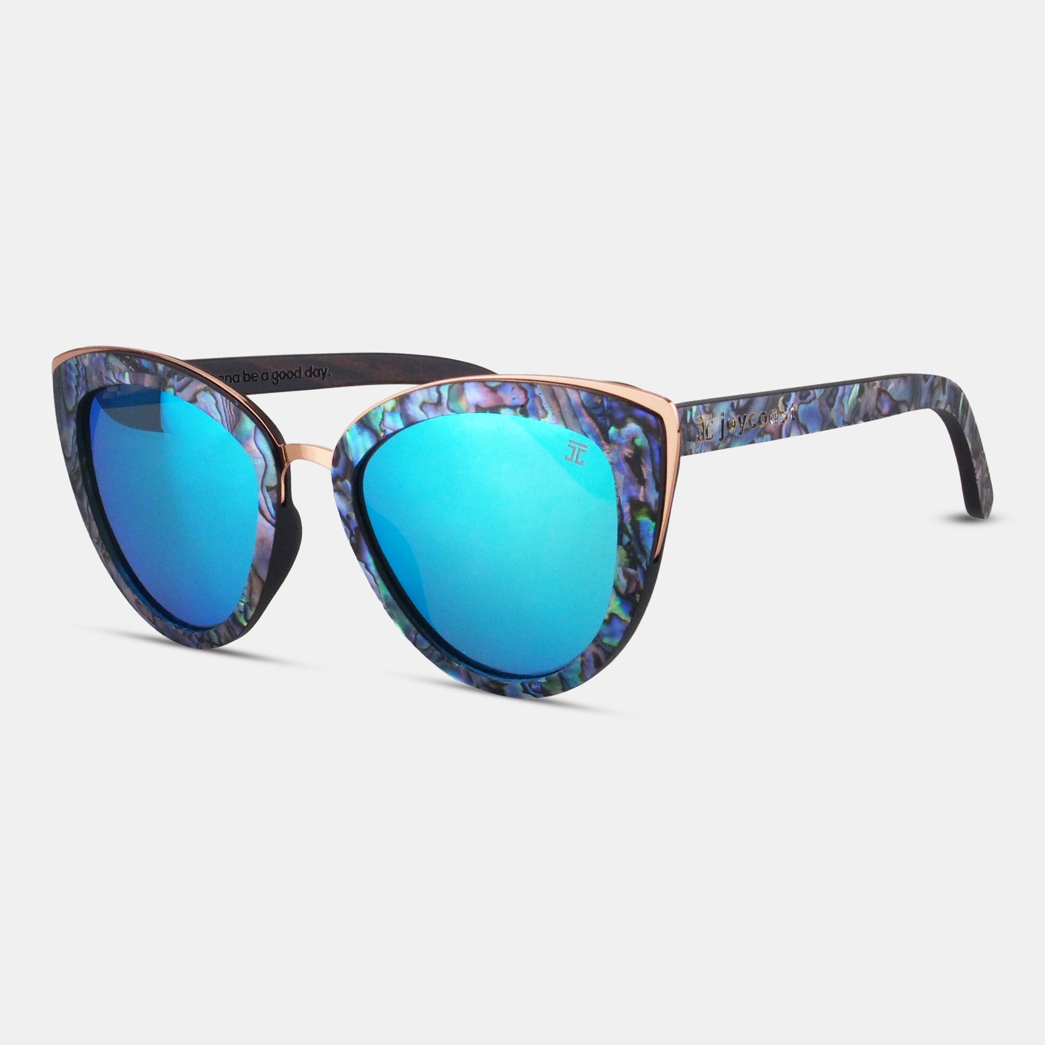 Cat-eye sunglasses with marbled blue-purple frames and bright blue mirrored lenses