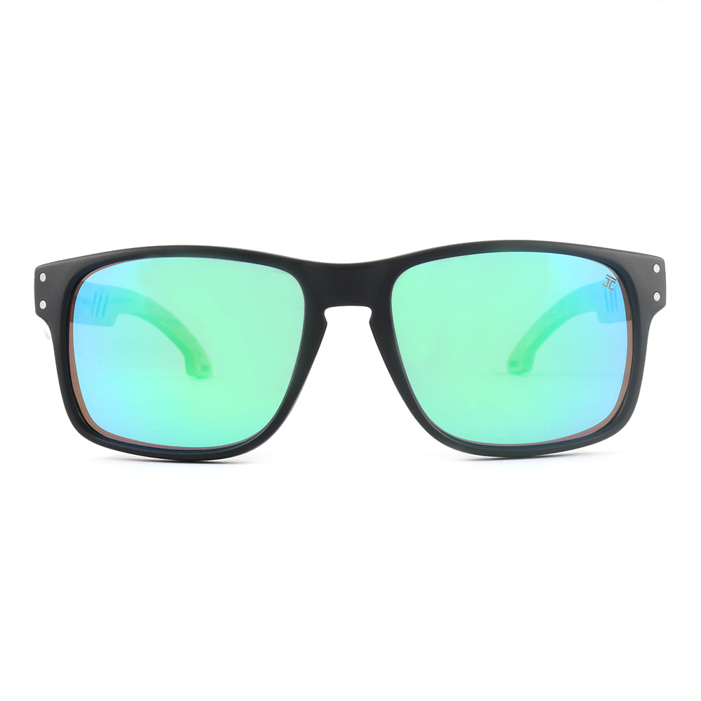 Sporty sunglasses front view with black frame and green mirrored lenses